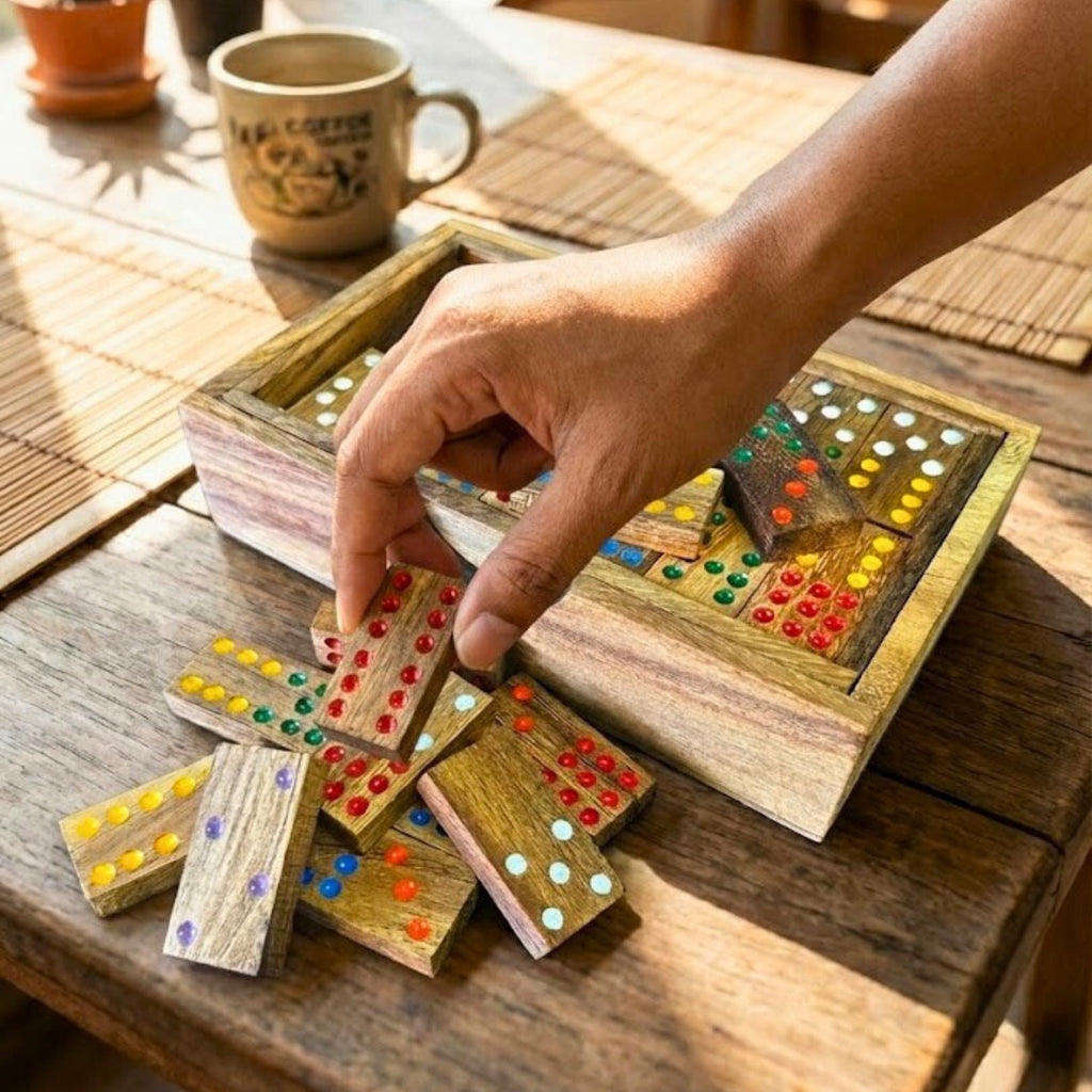 Hand Carved Acacia Wood Dominoes Set: Traditional Tabletop Game Toy