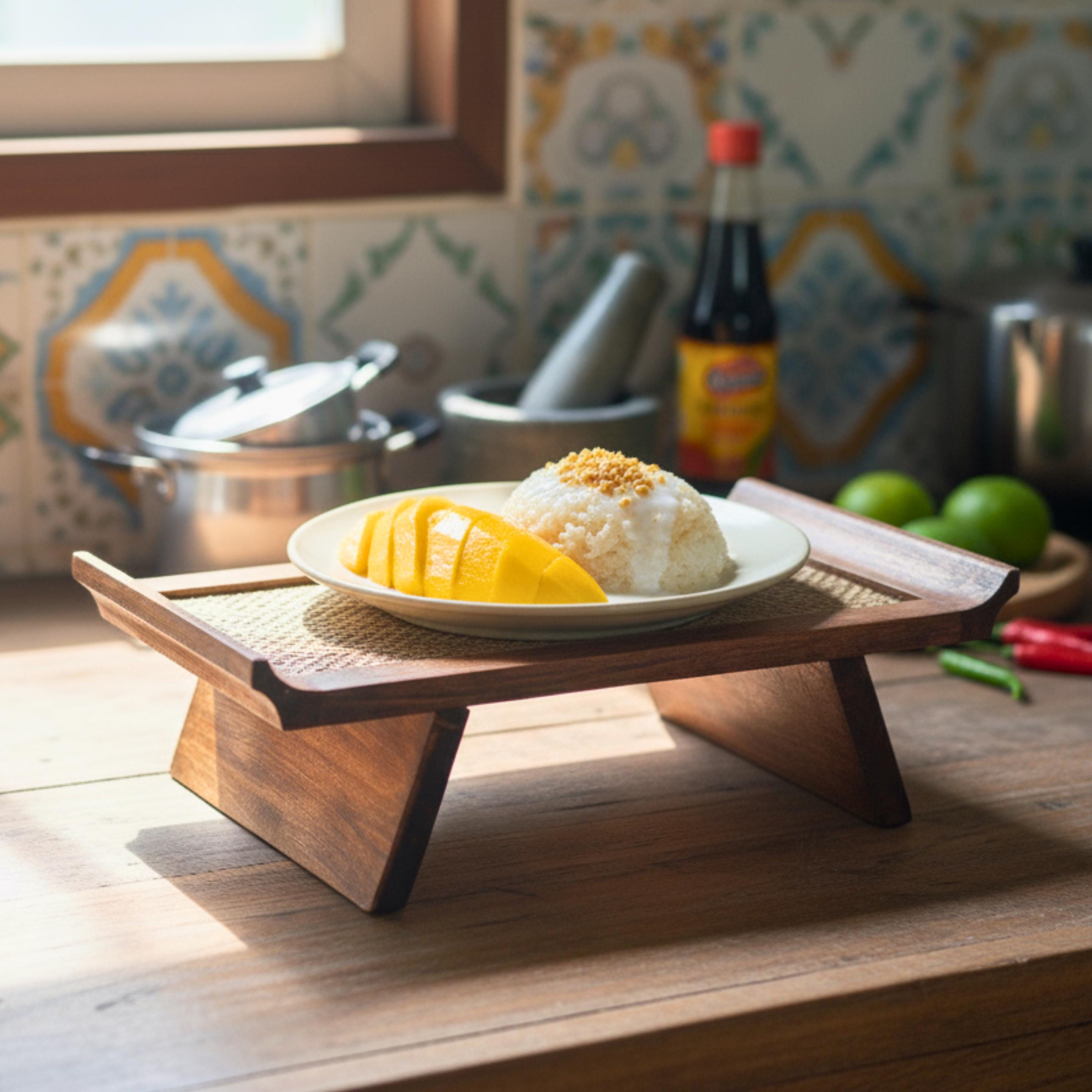 Handcrafted Hardwood Serving Tray: Woven Rattan Elevated Riser for Serving & Tea Set Display