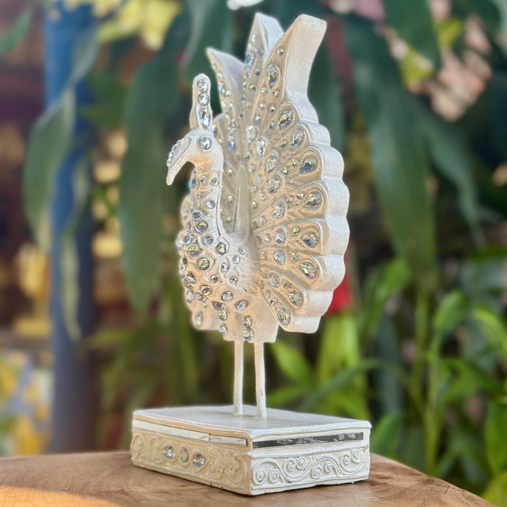Jeweled Silver Peacock Figurine: Elegant Ornate Thai Decor