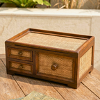 Storage Drawers Teak Wood Rattan 14 Inch Jewelry Organizer Housewarming Gift for Minimalist - Siam Wood Artisans