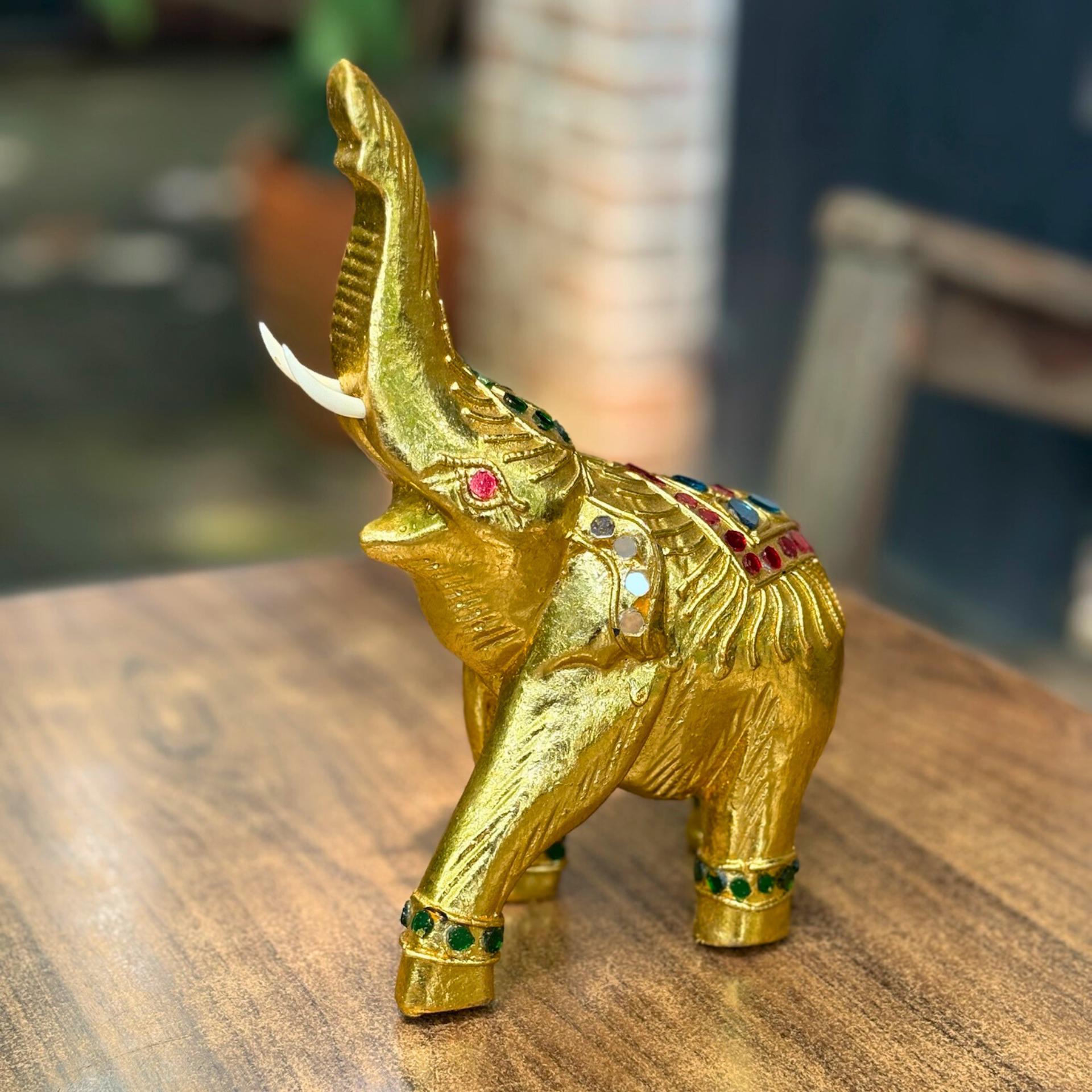 Golden Elephant Figurine, Thai Handcrafted Decor: Jeweled Lucky Elephant Statue, Cultural Home Accent