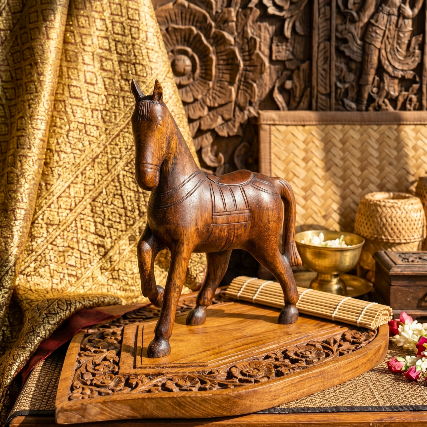 Hand-Carved Wooden Horse Statue: Rustic Farmhouse Decor