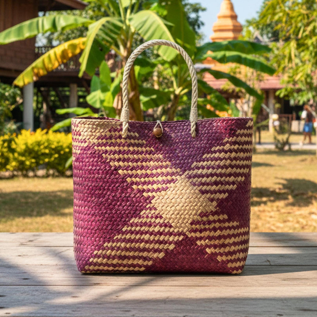 Hand Woven Rattan Square Tote Bag: Boho Wicker Handbag with Rope Handles