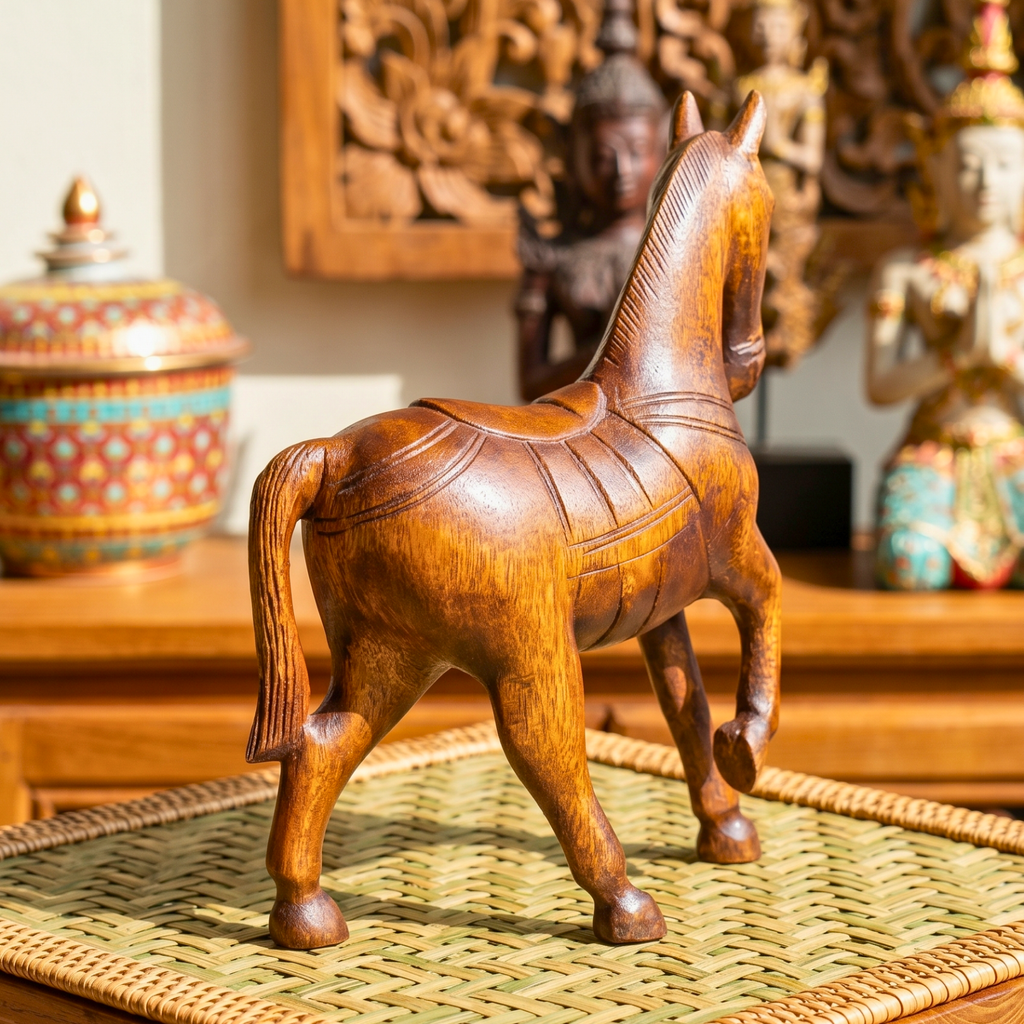 Hand-Carved Wooden Horse Statue: Rustic Farmhouse Decor