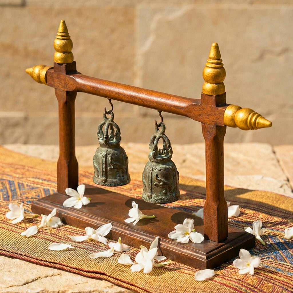 Hand Carved Teak Wood Double Bell Frame: Traditional Thai Temple Decor