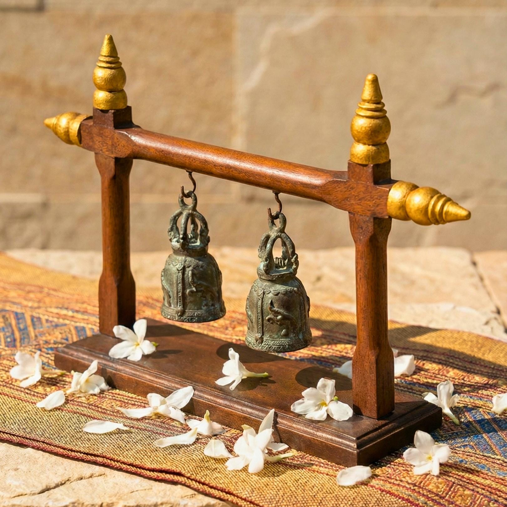 Hand Carved Teak Wood Double Bell Frame: Traditional Thai Temple Decor