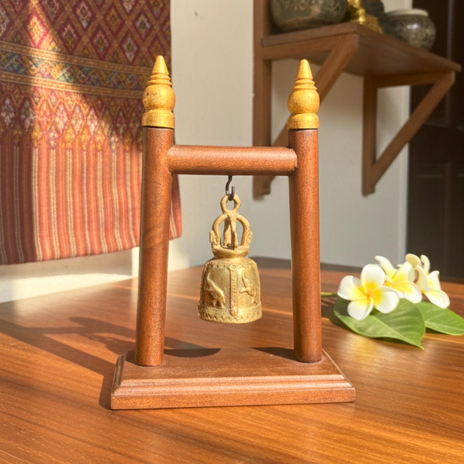 Hand Carved Teak Wood Single Bell Frame: Traditional & Serene Thai Altar Decor