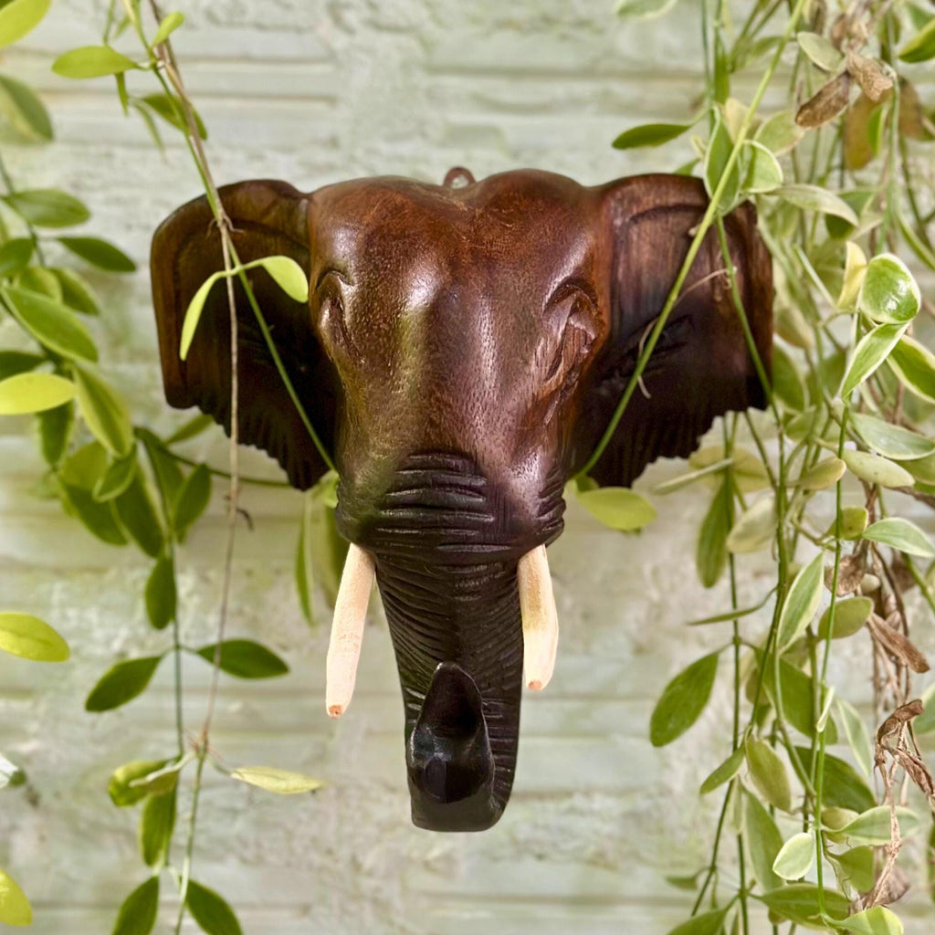 Hand-Carved Wooden Elephant Head Wall Hanging: Rustic Tribal Decor