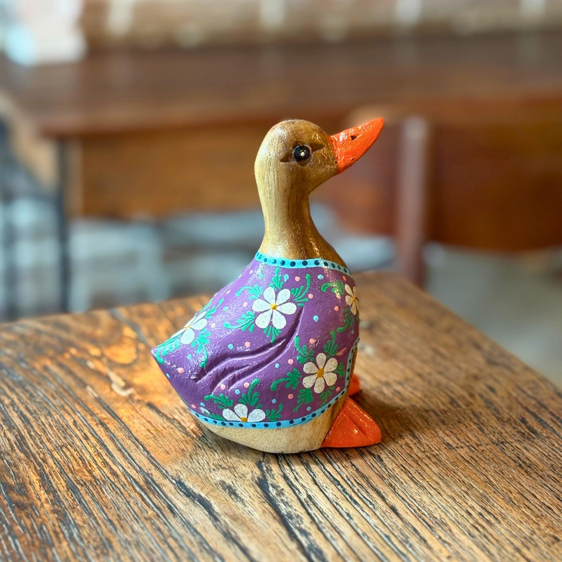 Hand Painted Wooden Duck Figurine: Thai Folk Art, Boho Home Decor