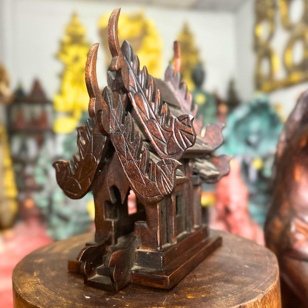 Handcrafted Teak Wood Spirit House: San Phra Phum Traditional Thai Folk Art Decor