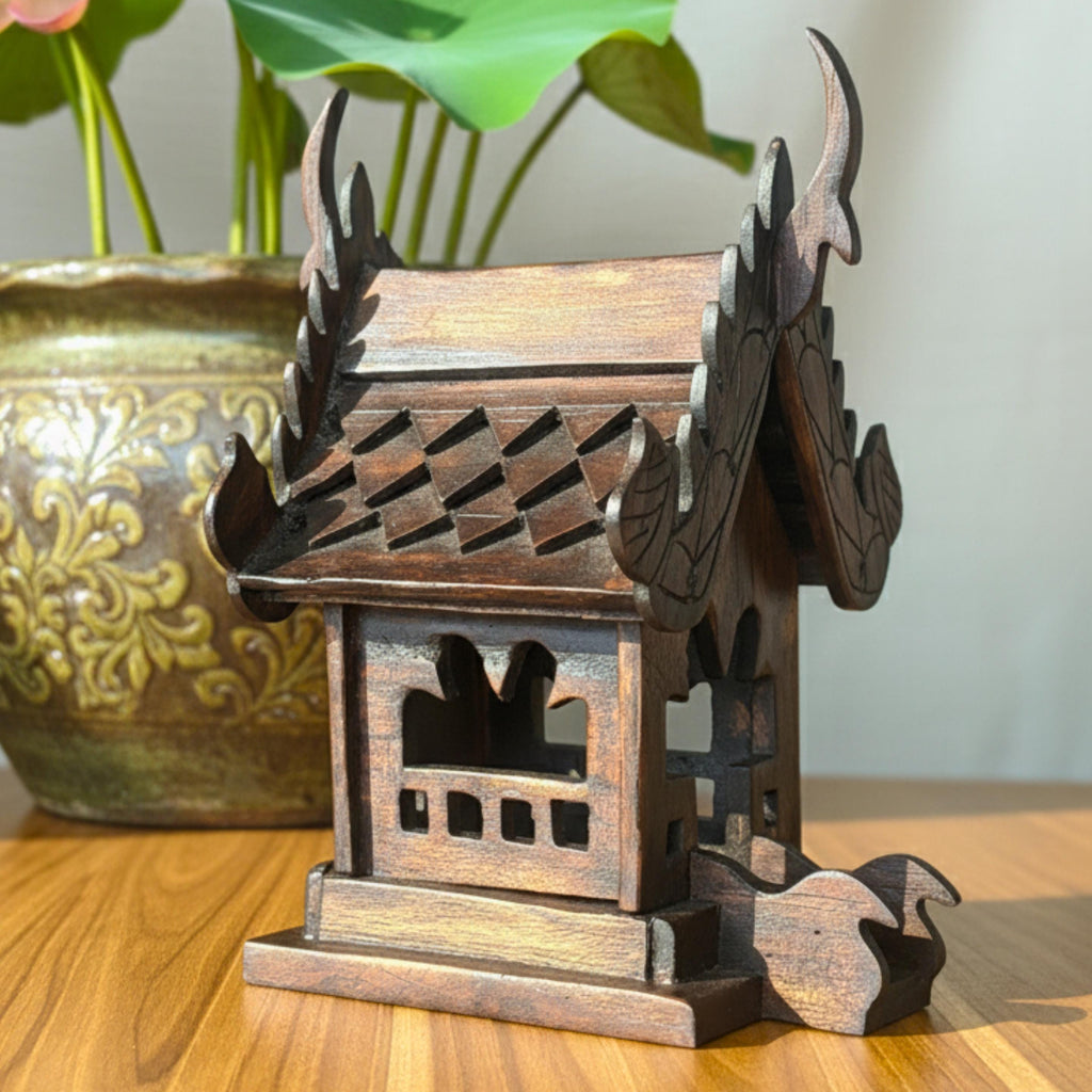 Hand Carved Teak Wood Spirit House Shrine: Traditional Thai Home Temple Decor