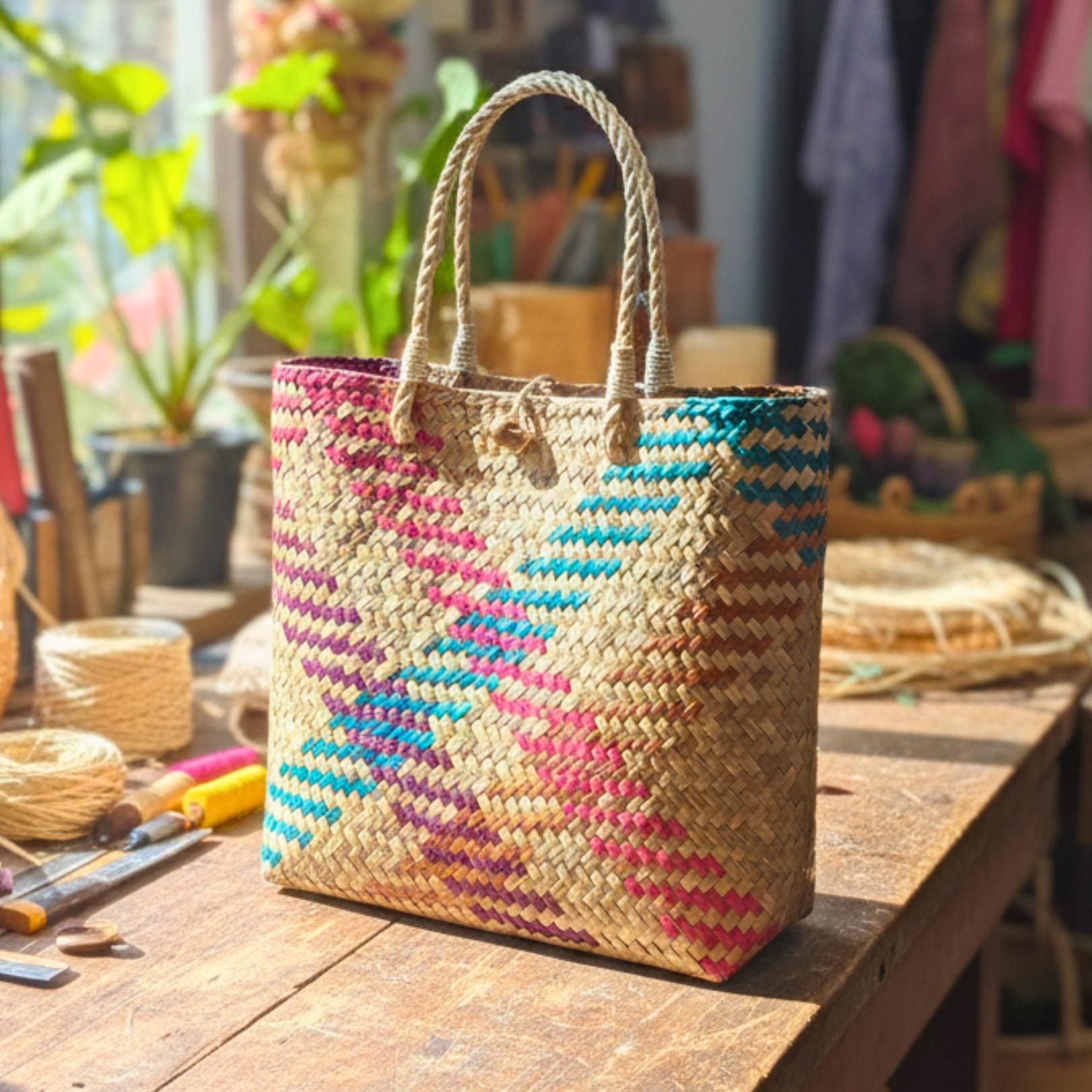 Hand Woven Rattan Market Tote: Vibrant Multi-Color Zigzag Wicker Handbag