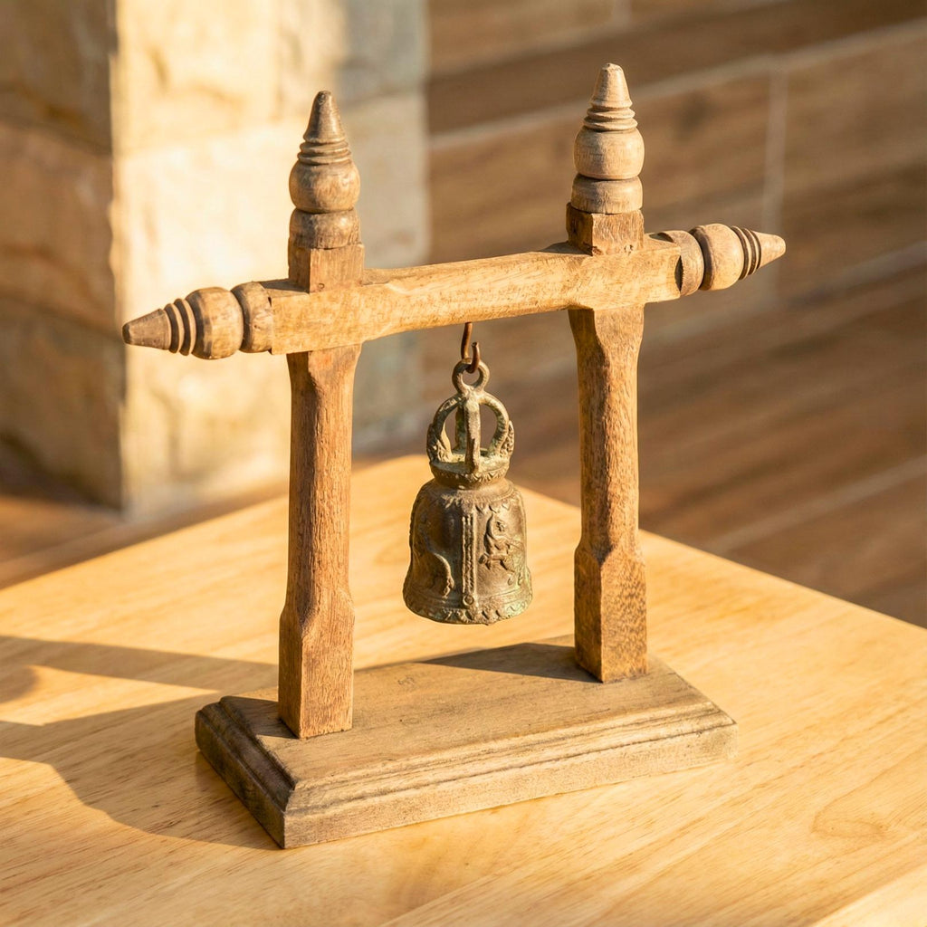 Handcrafted Wood Temple Bell on Stand: Rustic Meditation Decor
