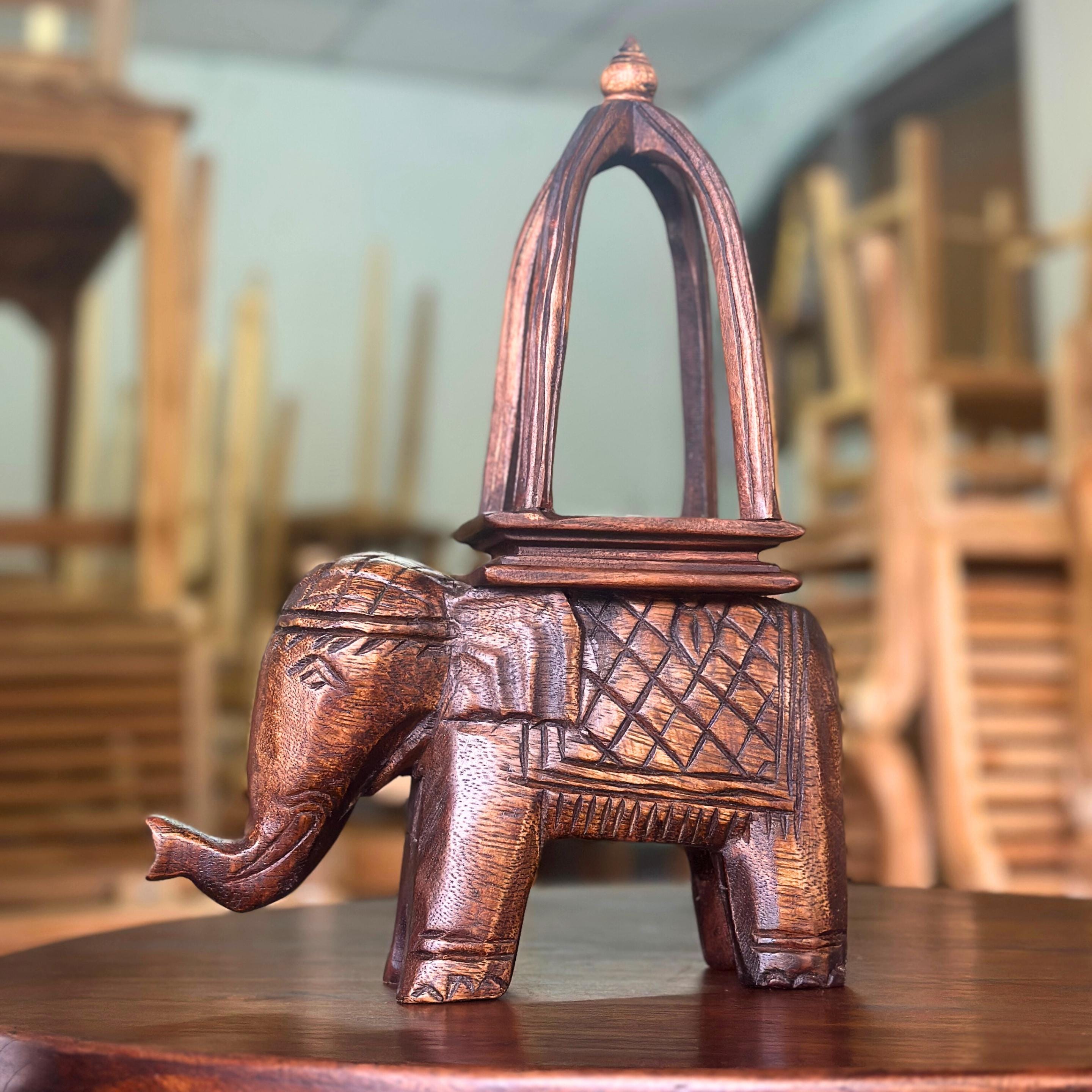 Hand Carved Wood Ceremonial Elephant: Thai Display Riser & Home Decor