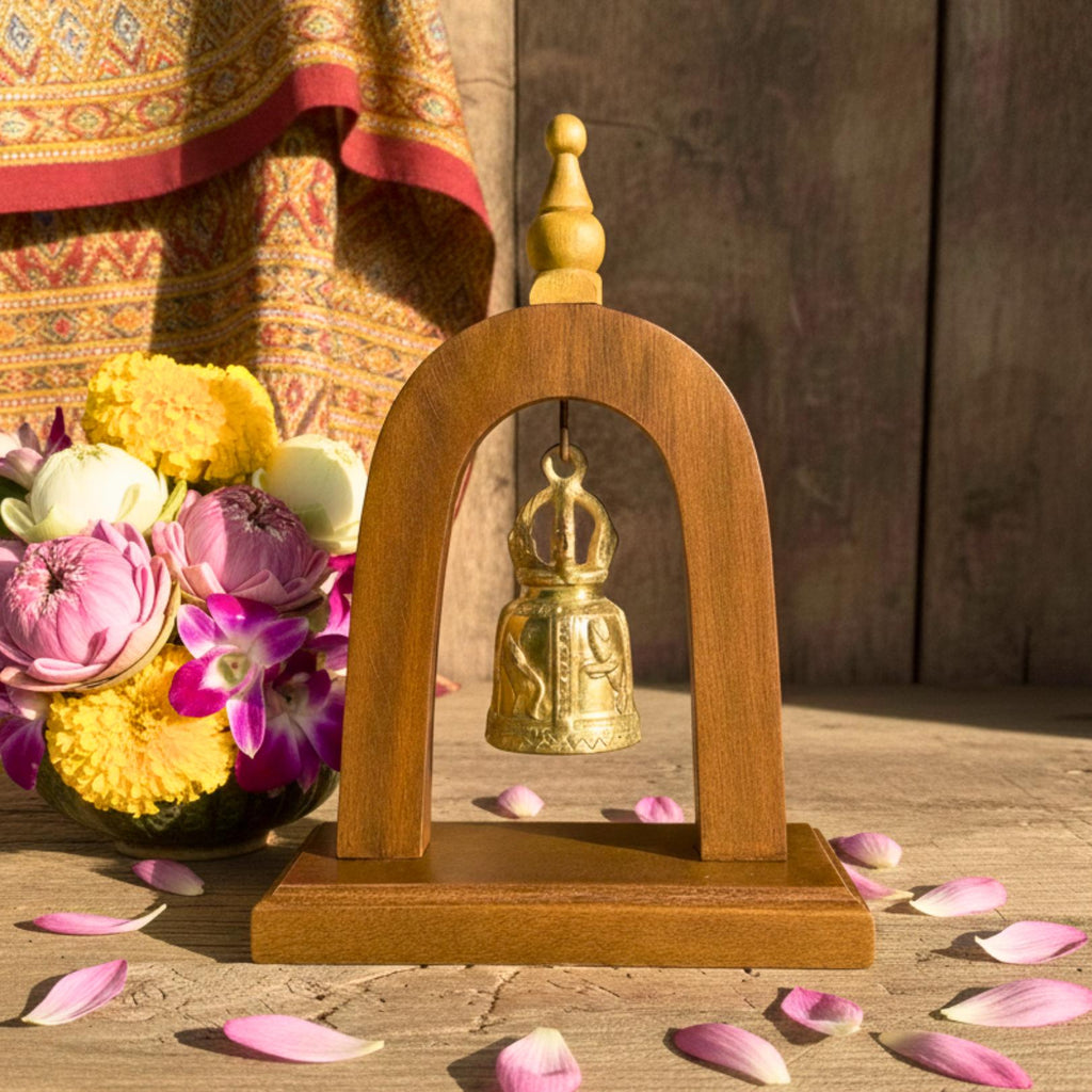Handcrafted Wood Arch Bell Stand: Golden Temple Bell Meditation Decor