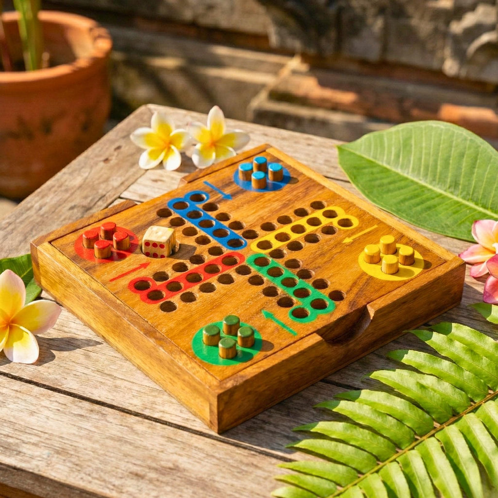 Hand Carved Wood Ludo Game Set: Rustic Portable Board Game Toy