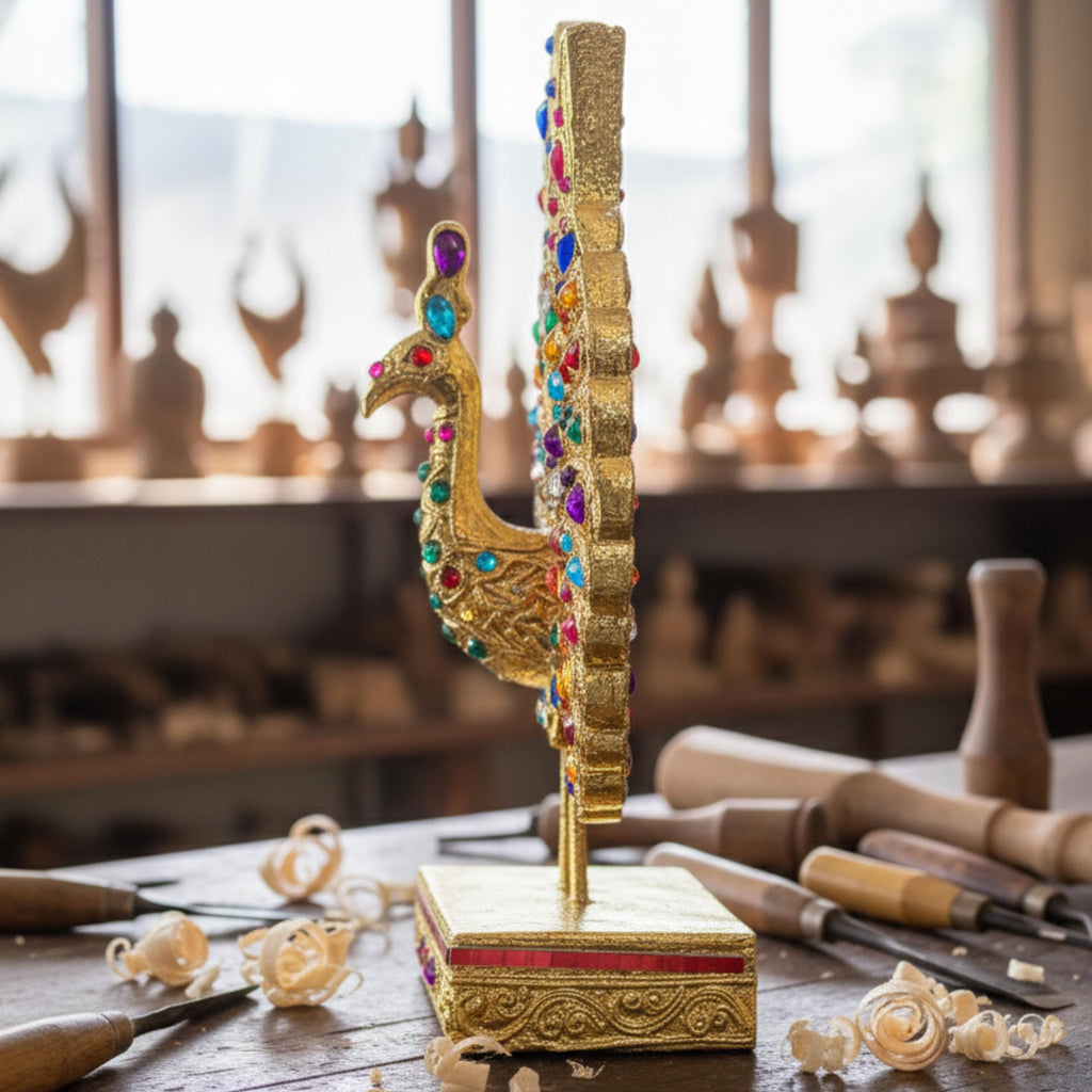 Jeweled Golden Peacock Figurine: Ornate Thai Home Decor