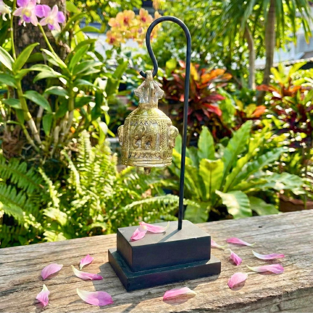 Minimalist Golden Bell Stand: Polished Thai Temple Bell Modern Decor