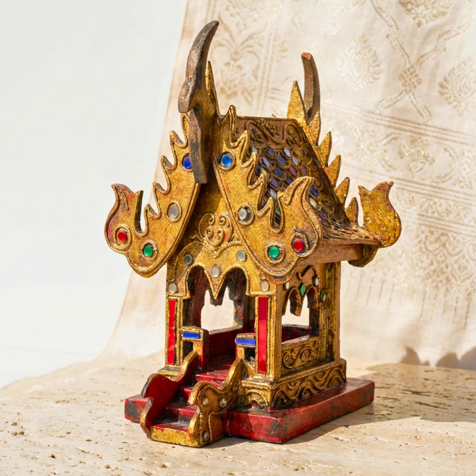 Hand Painted Thai Teak Wood Spirit House: Traditional Temple Shrine, Folk Art