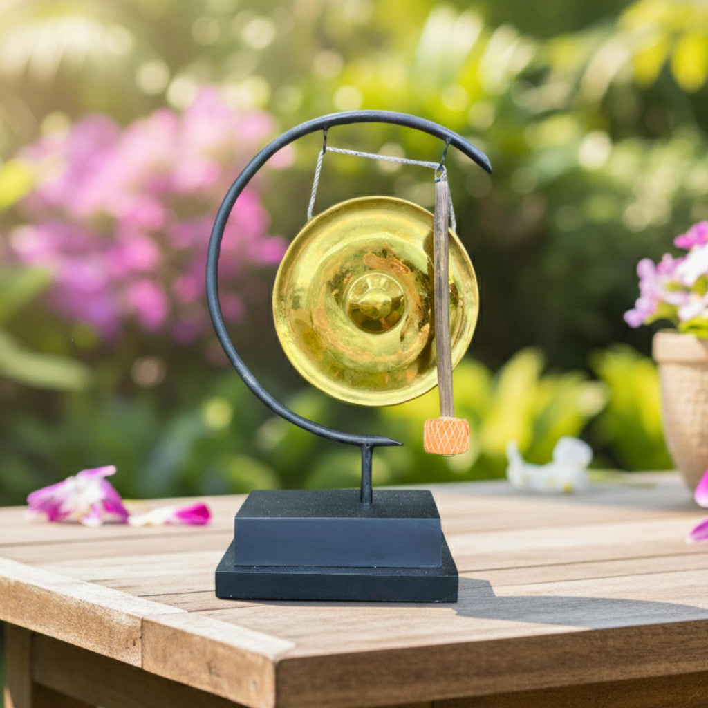 Minimalist Metal Gong on Stand: Golden Brass Zen Decor