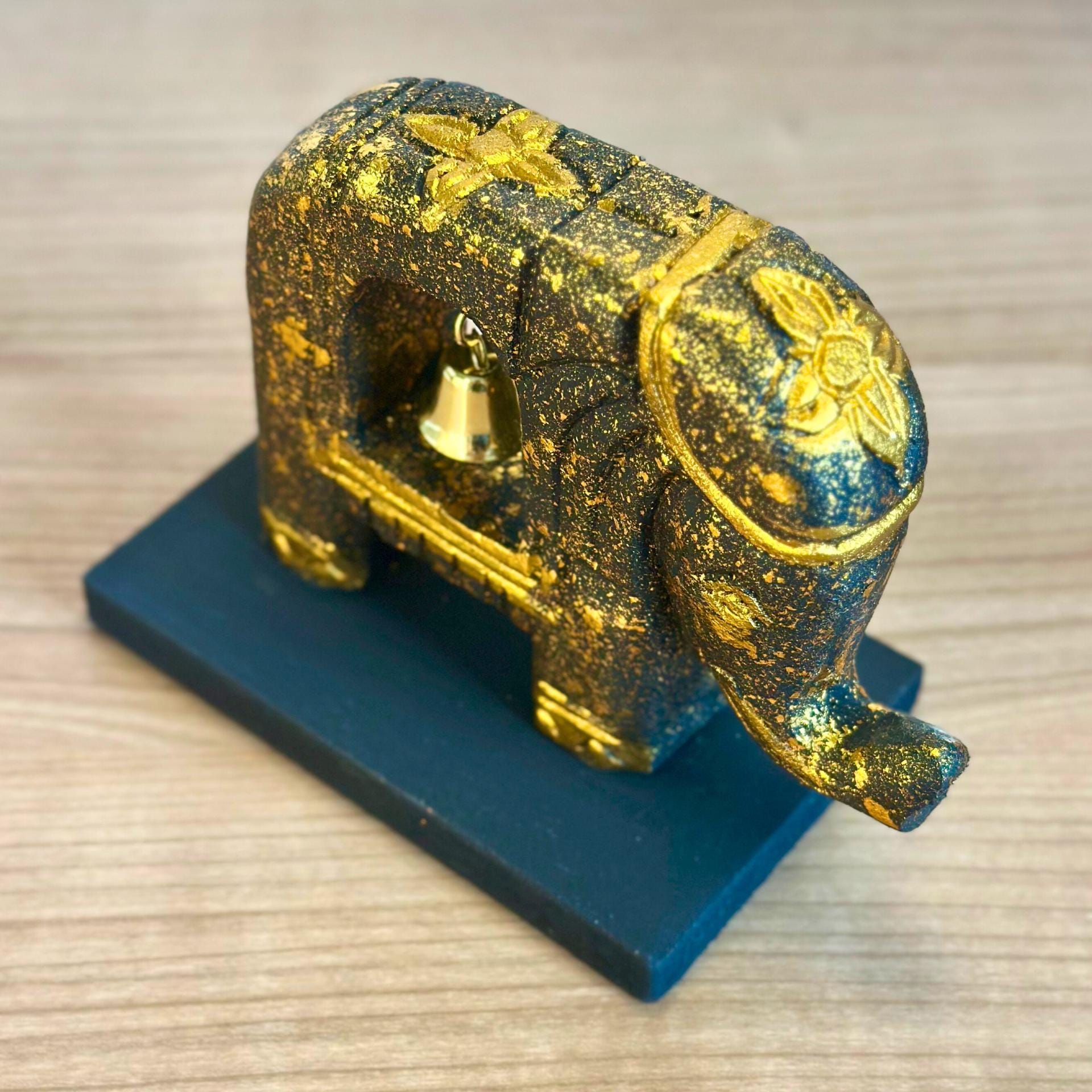 Handcarved Elephant with Bell: Wood Brass Figurine Symbolic Decor