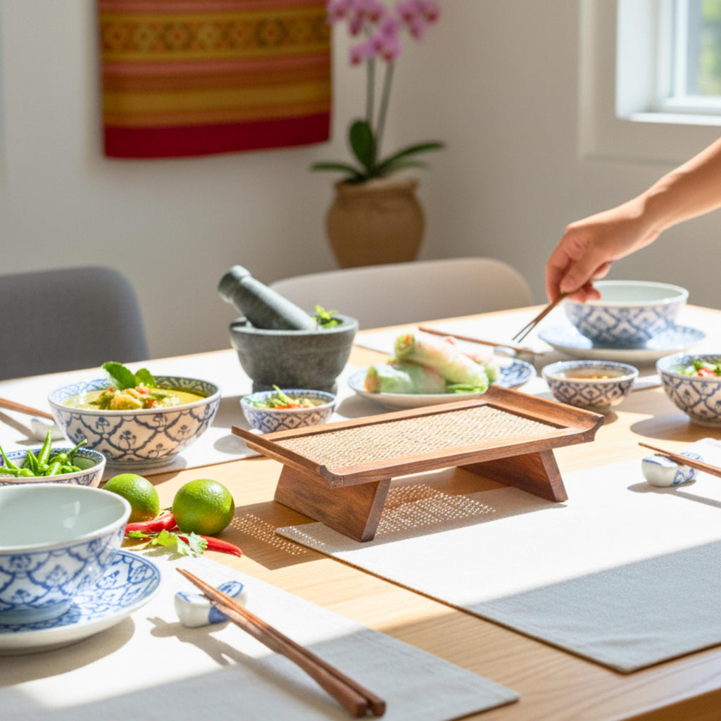 Handcrafted Hardwood Serving Tray: Woven Rattan Elevated Riser for Serving & Tea Set Display