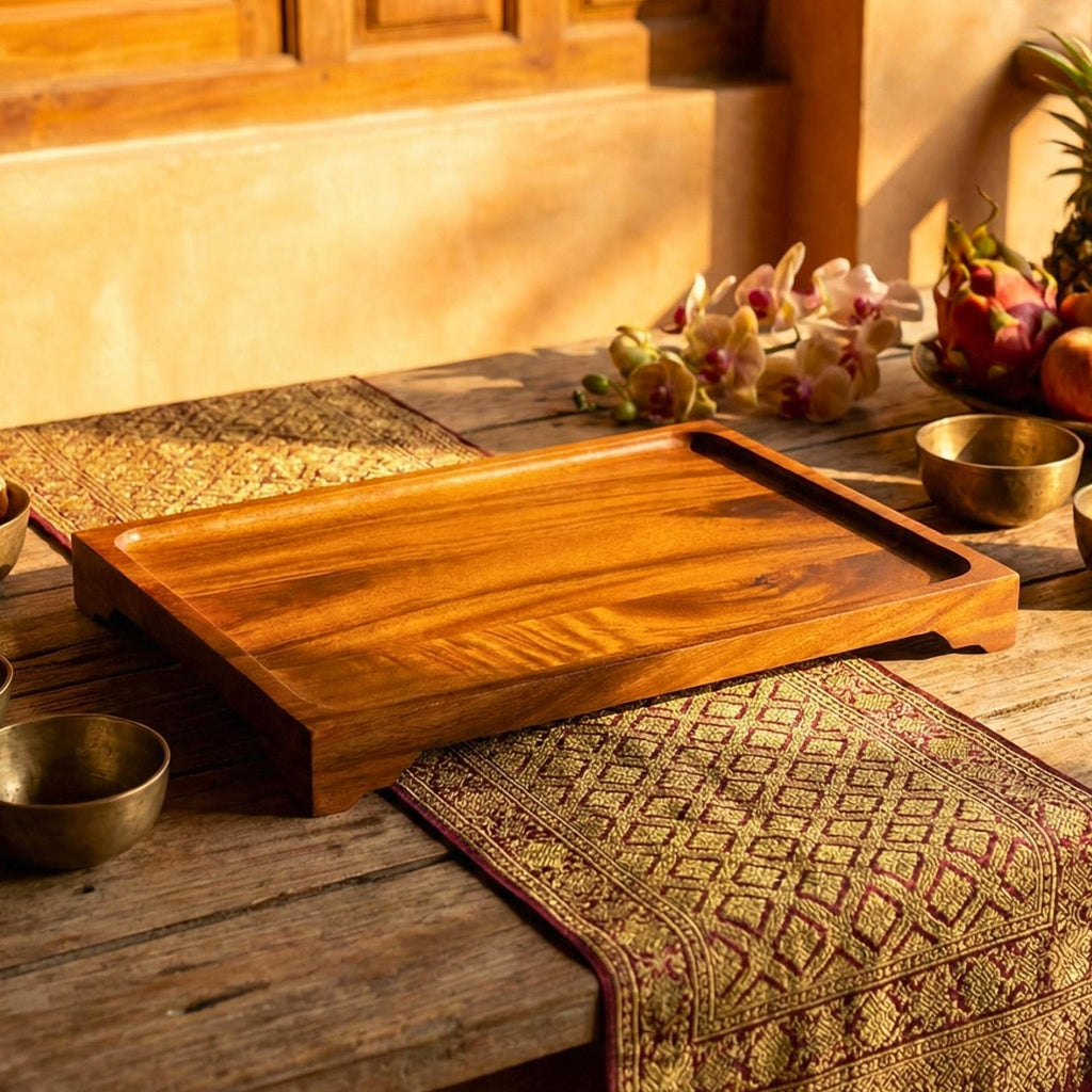 Large Hand Carved Teak Wood Serving Tray: Tea & Coffee Table Platter
