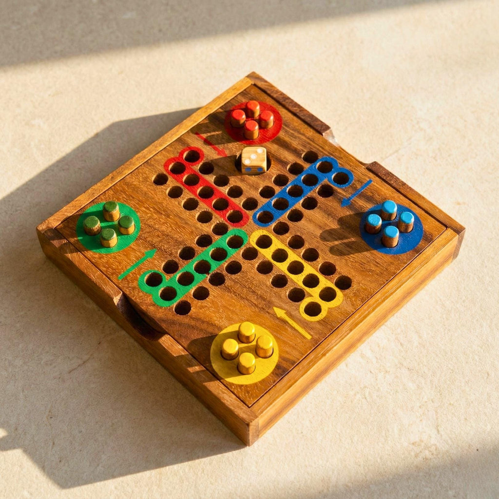 Hand Carved Wood Ludo Game Set: Rustic Portable Board Game Toy