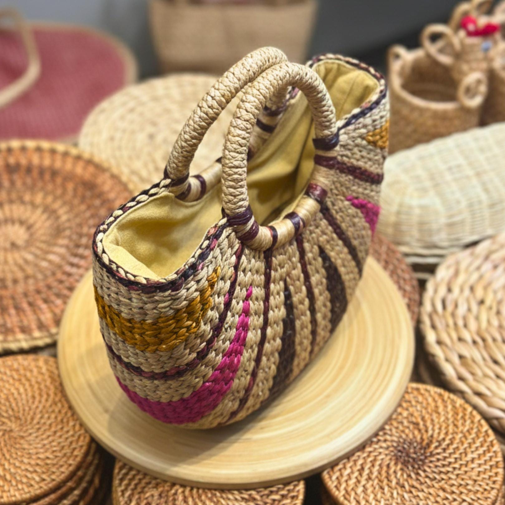 Hand Woven Wicker Handbag: Rustic Boho Tote with Round Handles