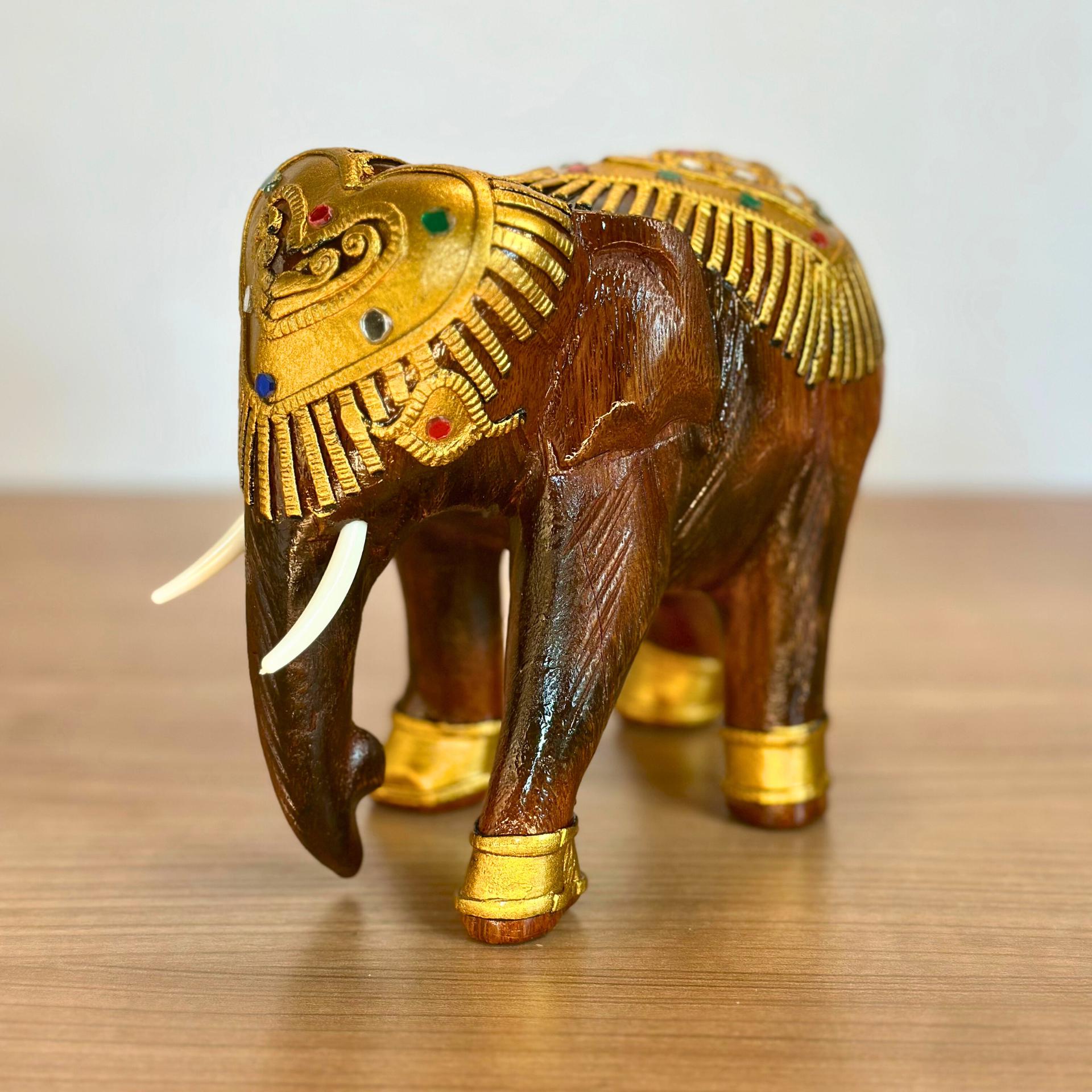 Wooden Elephant Sculpture, Handcarved Thai Decor: Golden Elephant Figurine, Cultural Folk Art Accent
