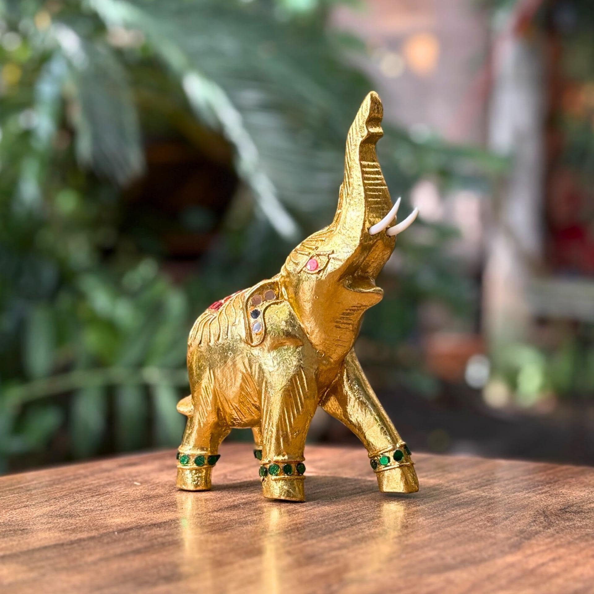 Golden Elephant Figurine, Thai Handcrafted Decor: Jeweled Lucky Elephant Statue, Cultural Home Accent