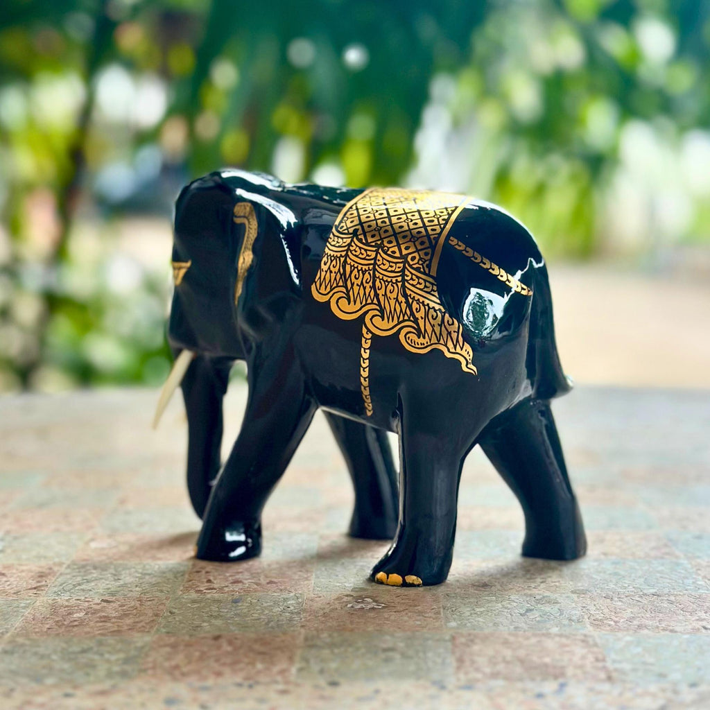 Hand Carved Black Lacquer Elephant Figurine Thai Wood Good Luck Statue Elephant Lover Gift
