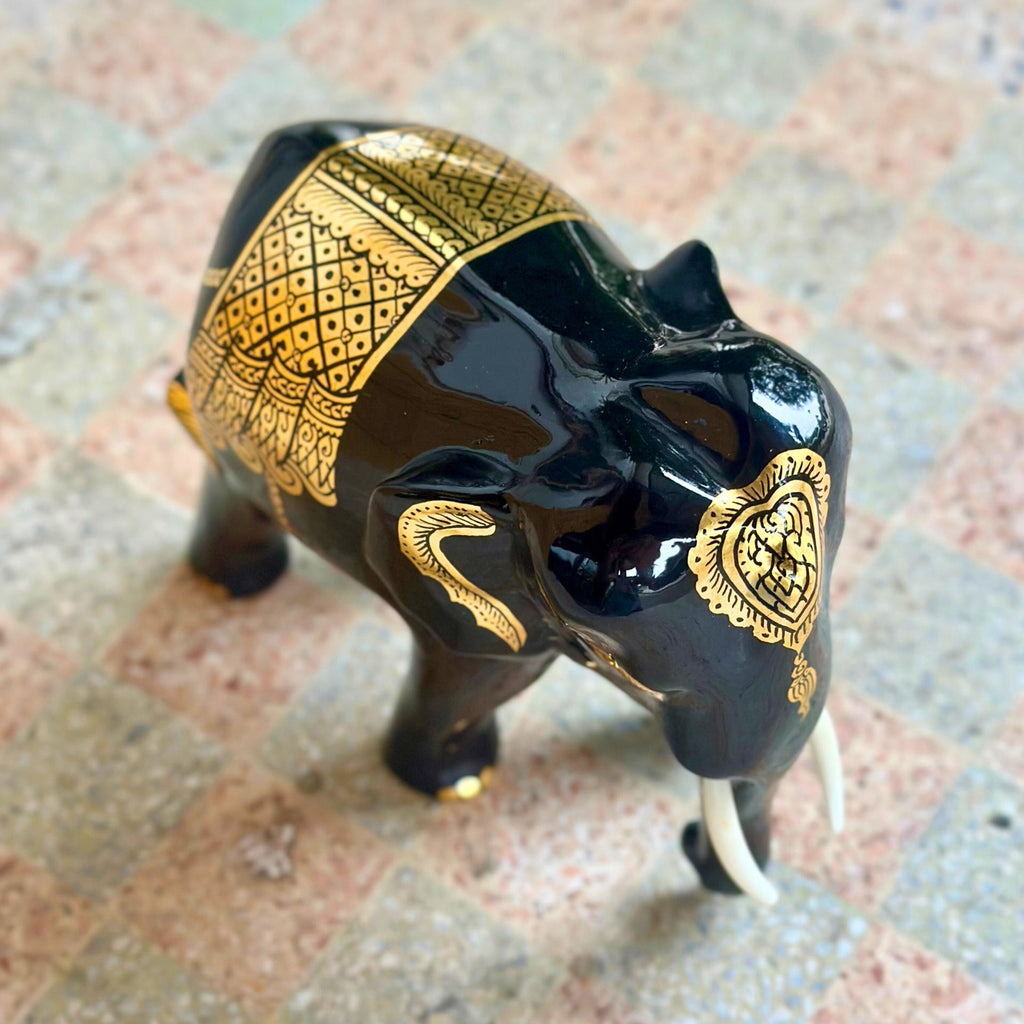 Hand Carved Black Lacquer Elephant Figurine Thai Wood Good Luck Statue Elephant Lover Gift