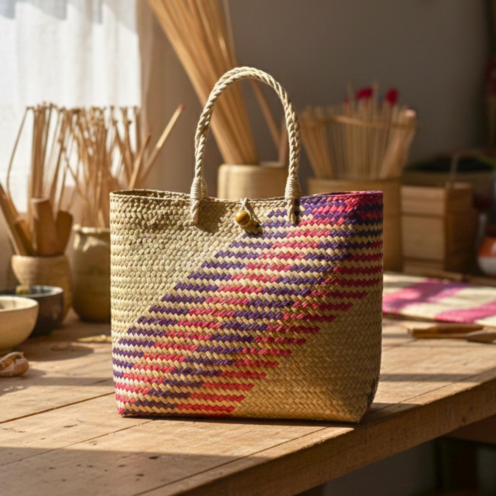 Hand Woven Rattan Market Bag: Large Boho Wicker Tote with Geometric Pattern