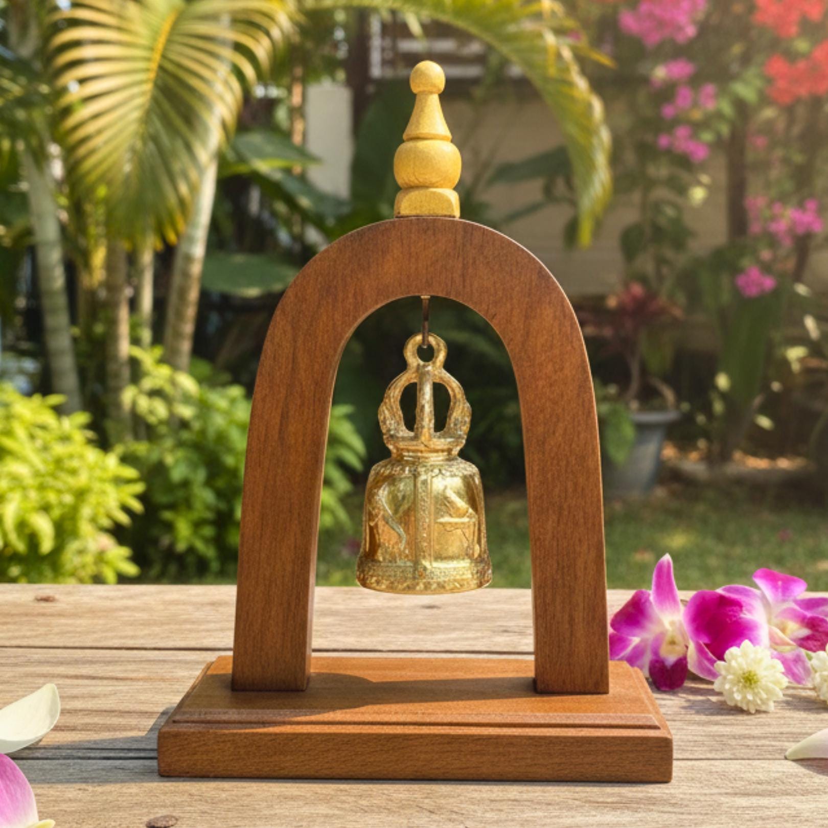 Handcrafted Wood Arch Bell Stand: Golden Temple Bell Meditation Decor