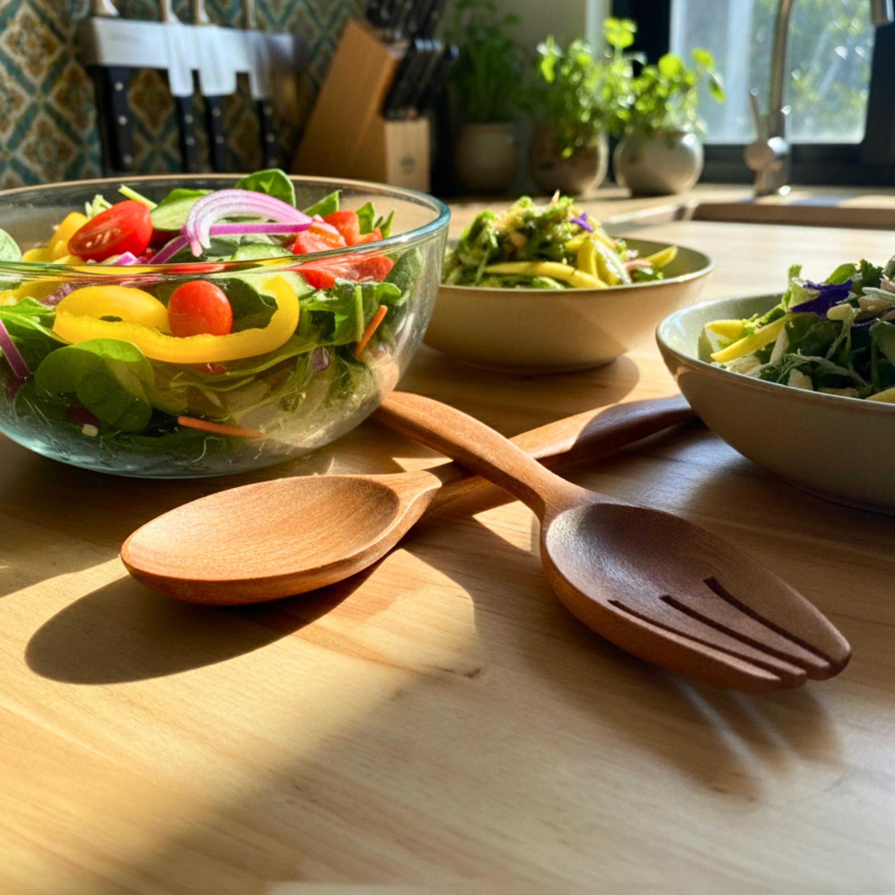 Hand Carved Wood Salad Tongs Serving Set: Rustic Upcycled Kitchen Utensils