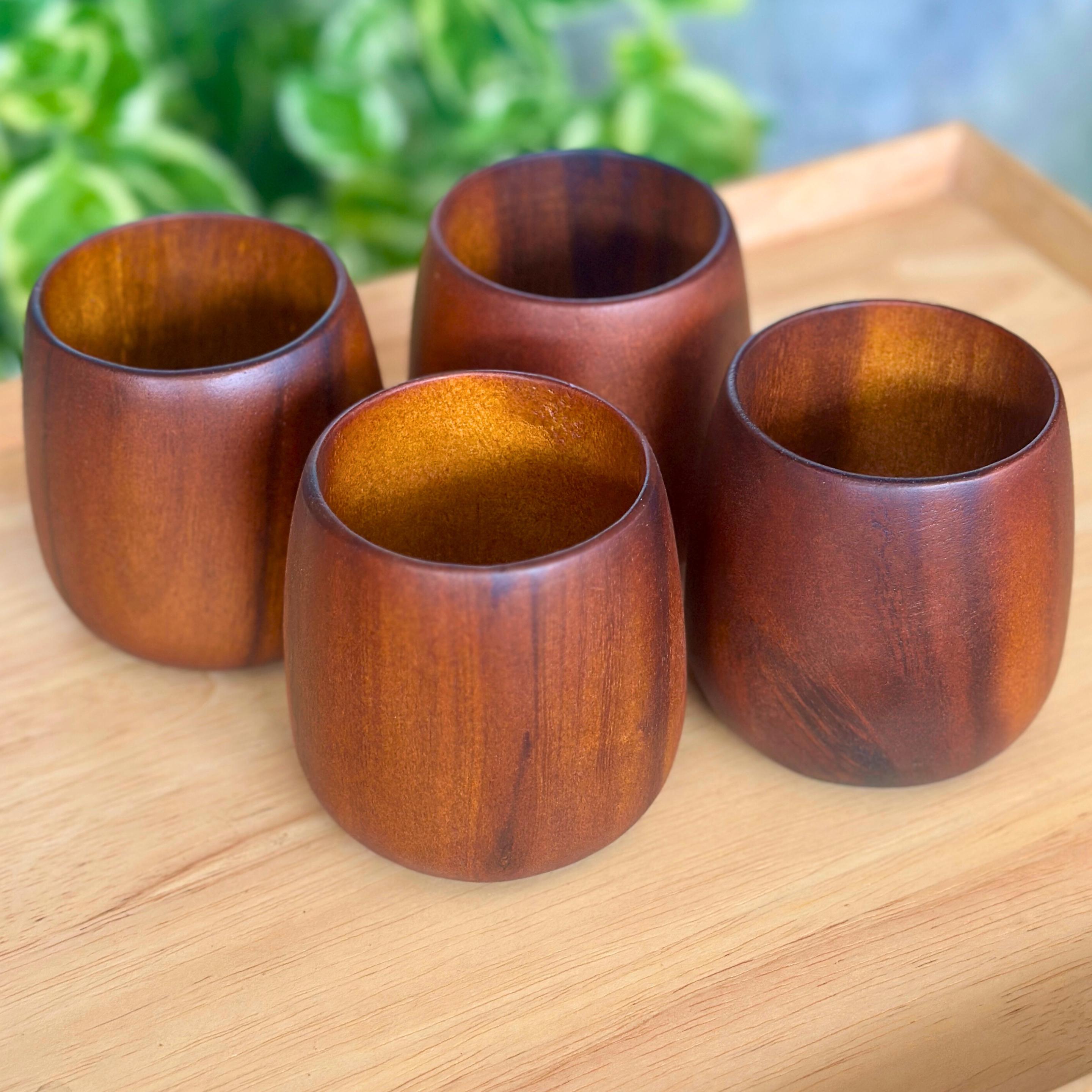 Hand Carved Wood Drinking Cups: Set of 4 Coffee & Tea Tableware