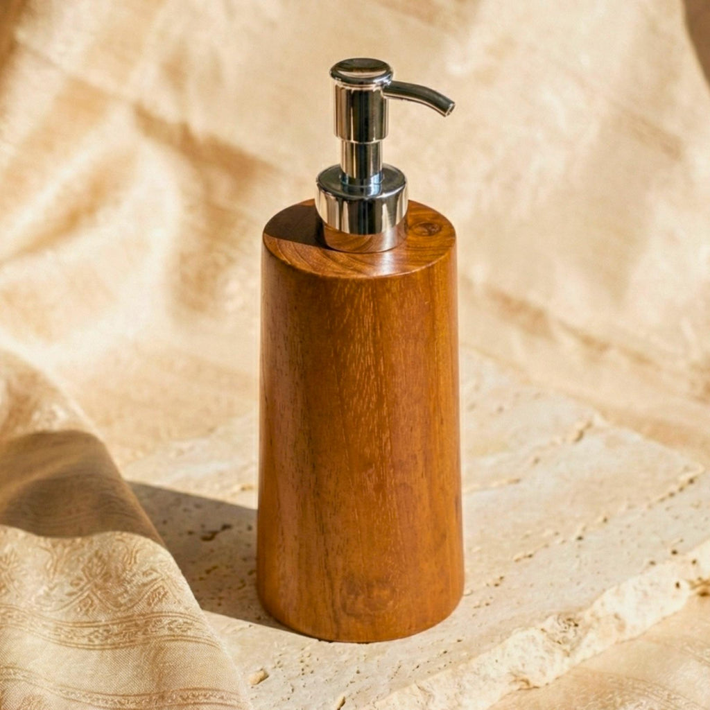 Hand Carved Teak Upcycled Wood Soap Dispenser: Rustic Bathroom Decor