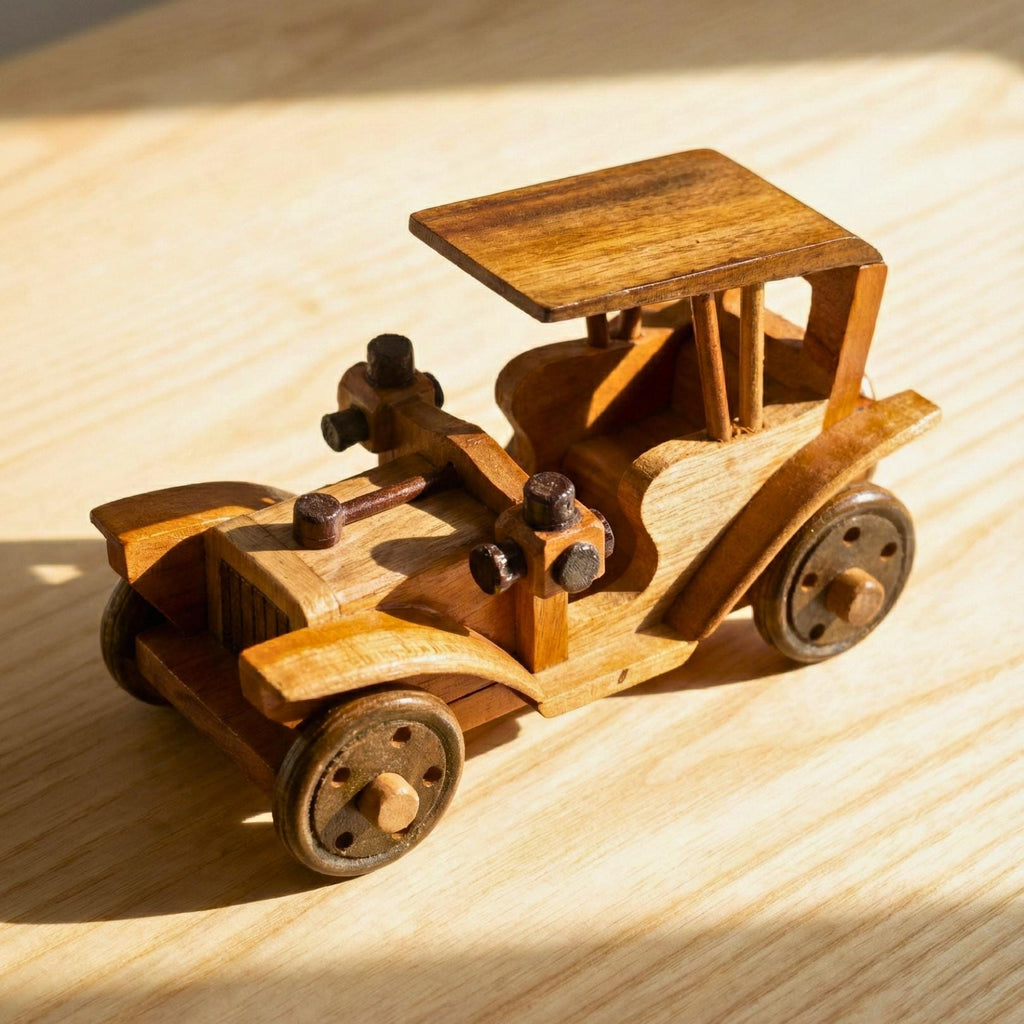 Hand Carved Wood Model-T Car: Antique Vintage Automobile Desk Decor