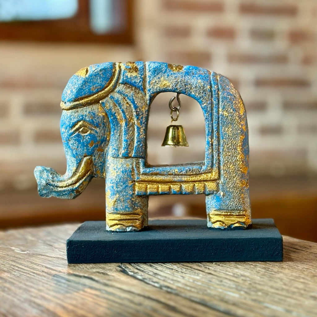 Handcarved Elephant with Bell: Wood Brass Figurine Symbolic Decor