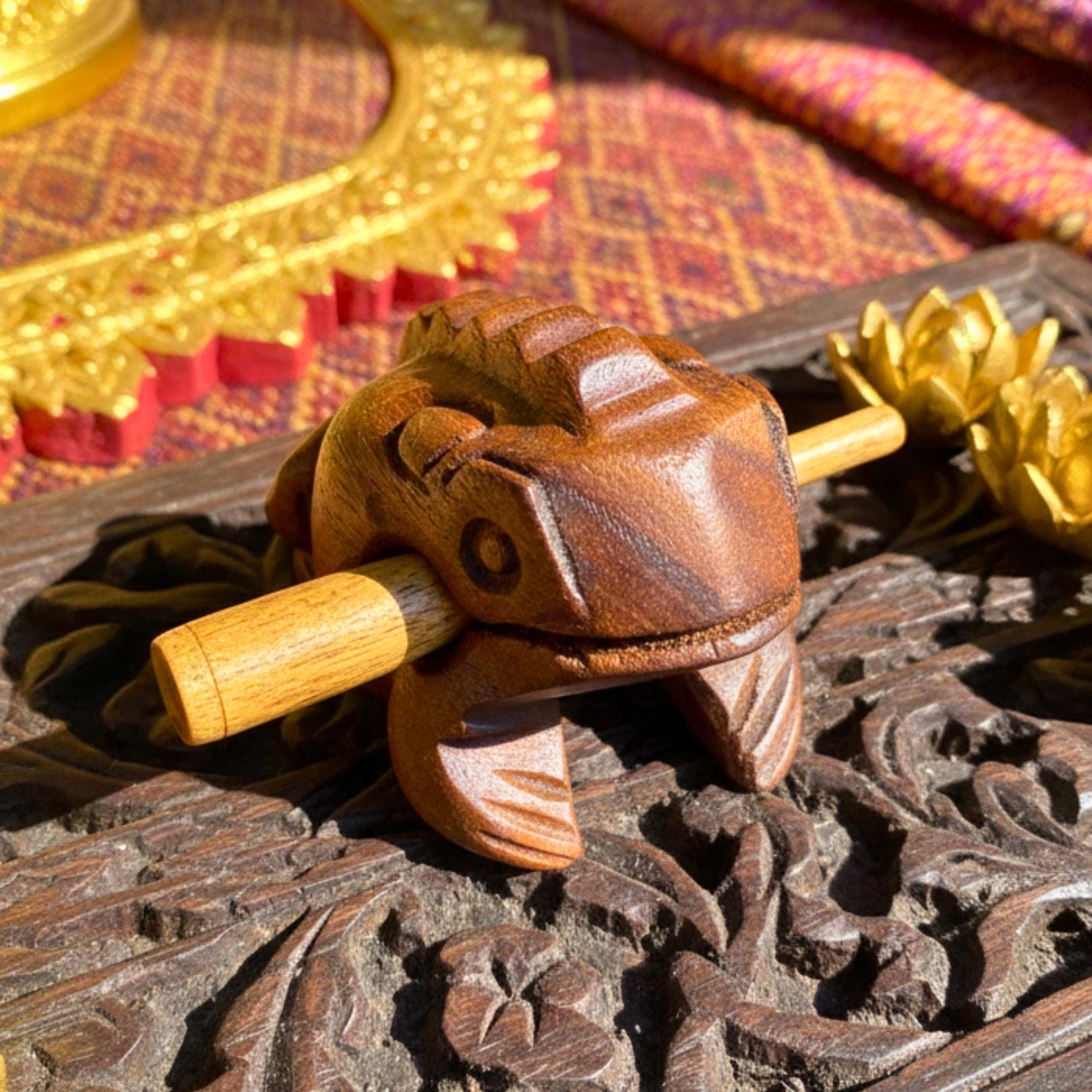 Hand Carved Wood Frog Musical Instrument: Croaking Sound Guiro Toy
