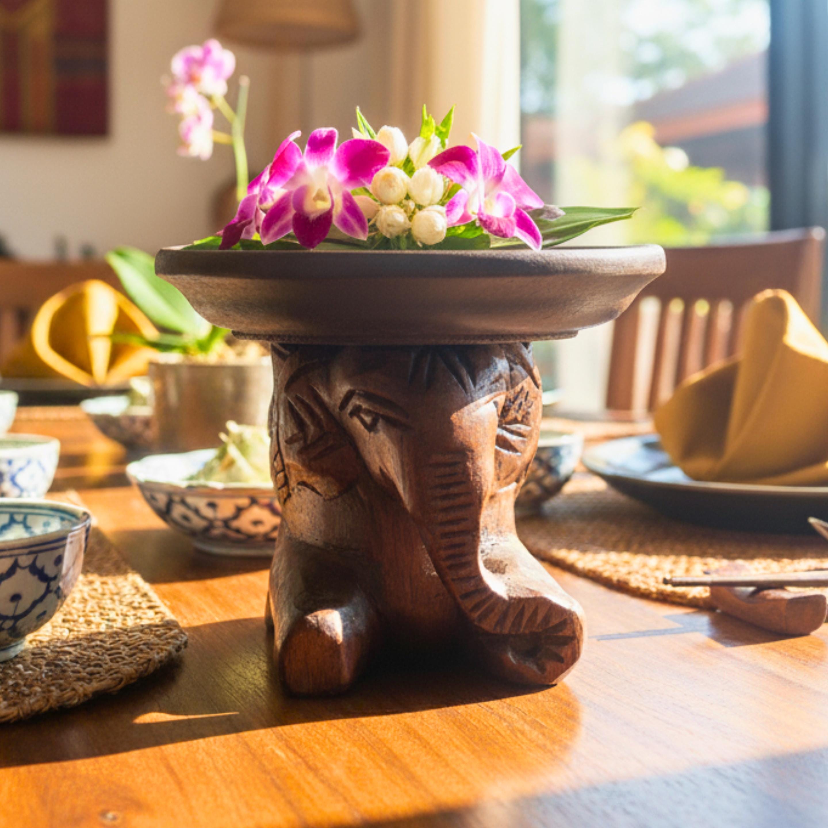 Hand Carved Elephant Pedestal Dish: Wood Soap Holder Spa Accessory