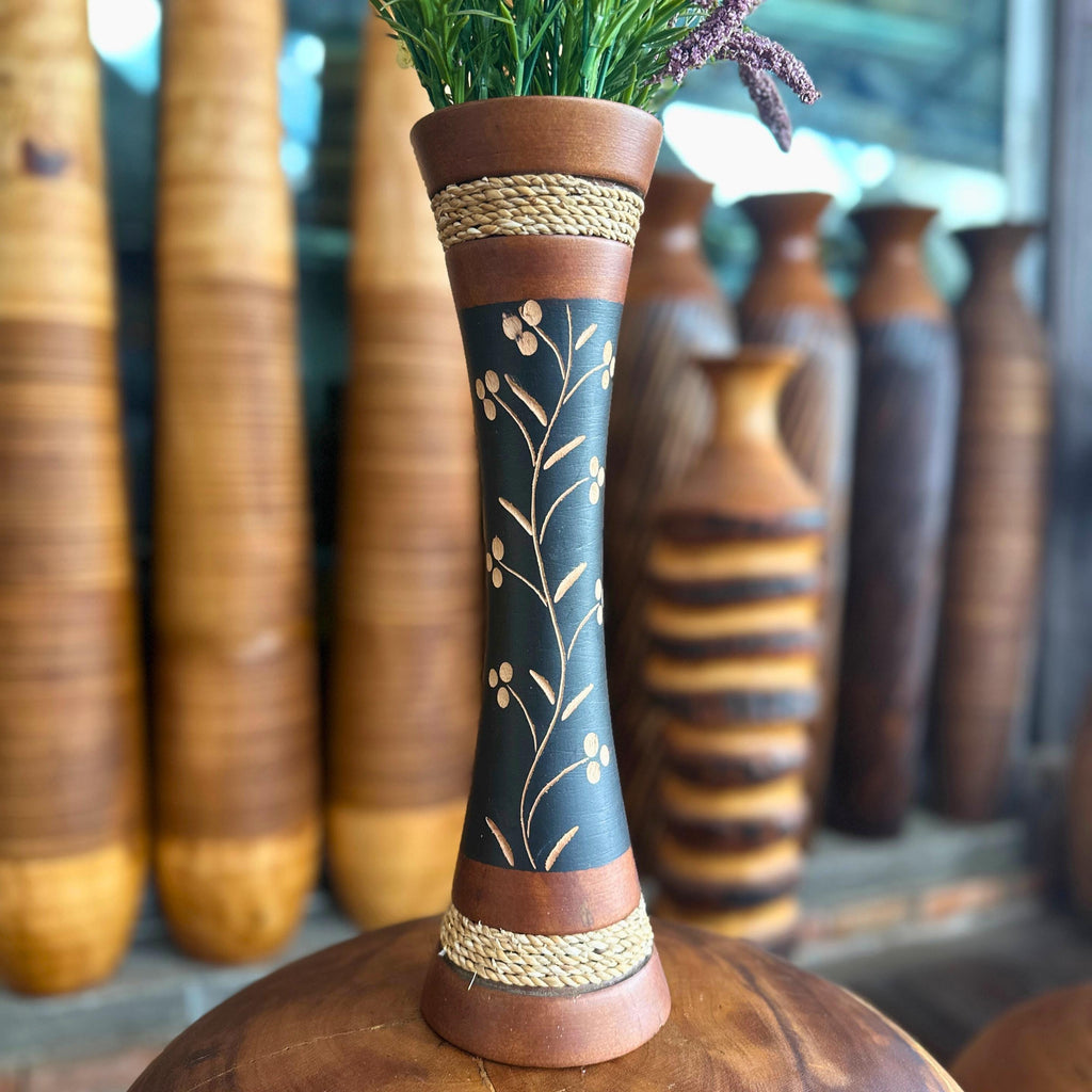 Hand Carved Wooden Floor Vase: Tall Thai Rustic Boho Entryway Accent Decor