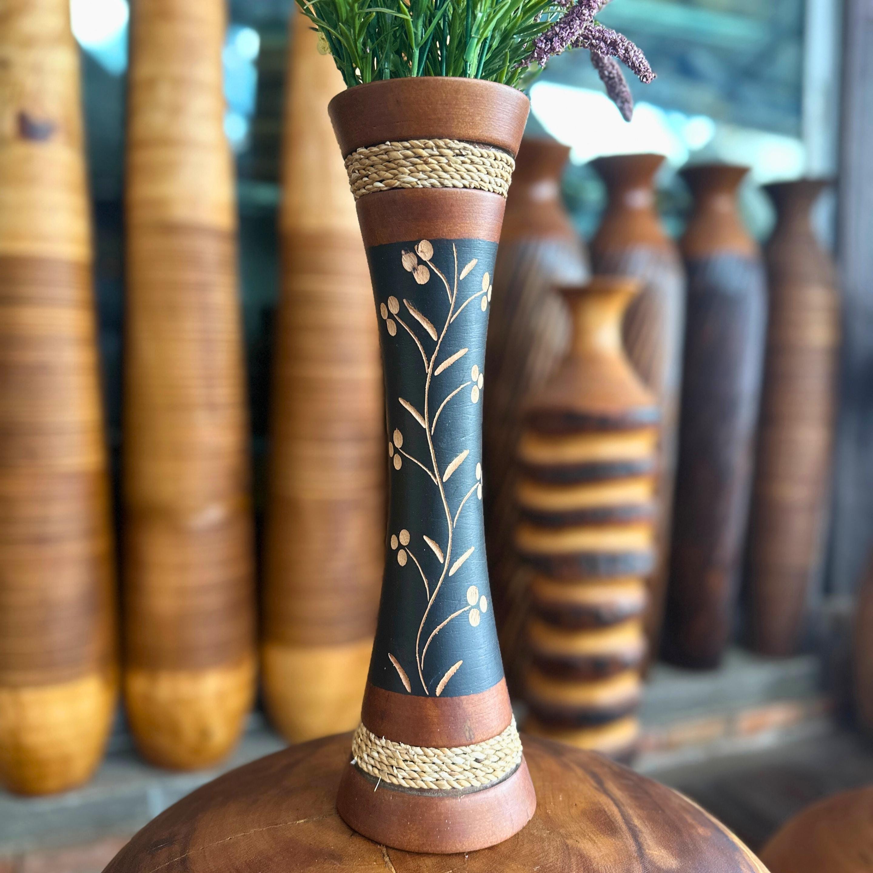 Hand Carved Wooden Floor Vase: Tall Thai Rustic Boho Entryway Accent Decor