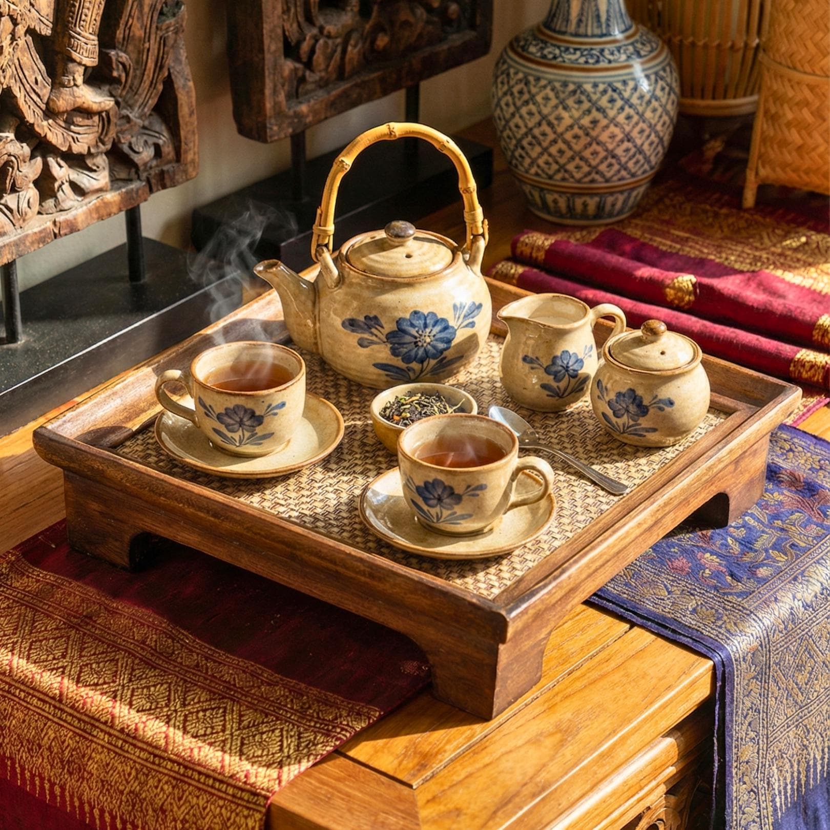 Handcrafted Hardwood Serving Tray: Bamboo Woven Riser for Tea & Teaware, Square