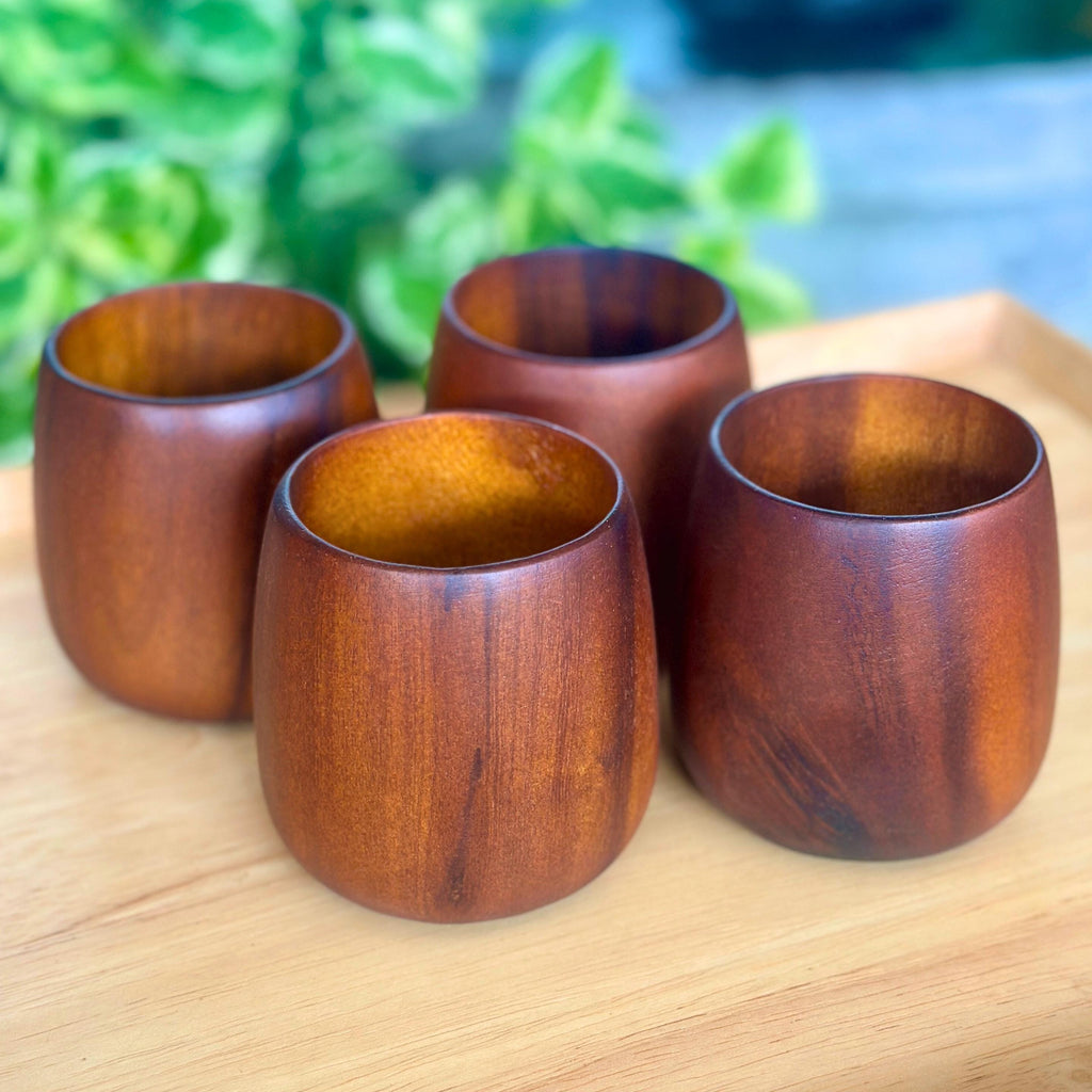 Hand Carved Wood Drinking Cups: Set of 4 Coffee & Tea Tableware