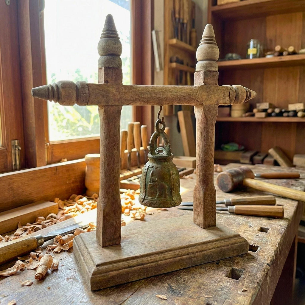 Handcrafted Wood Temple Bell on Stand: Rustic Meditation Decor