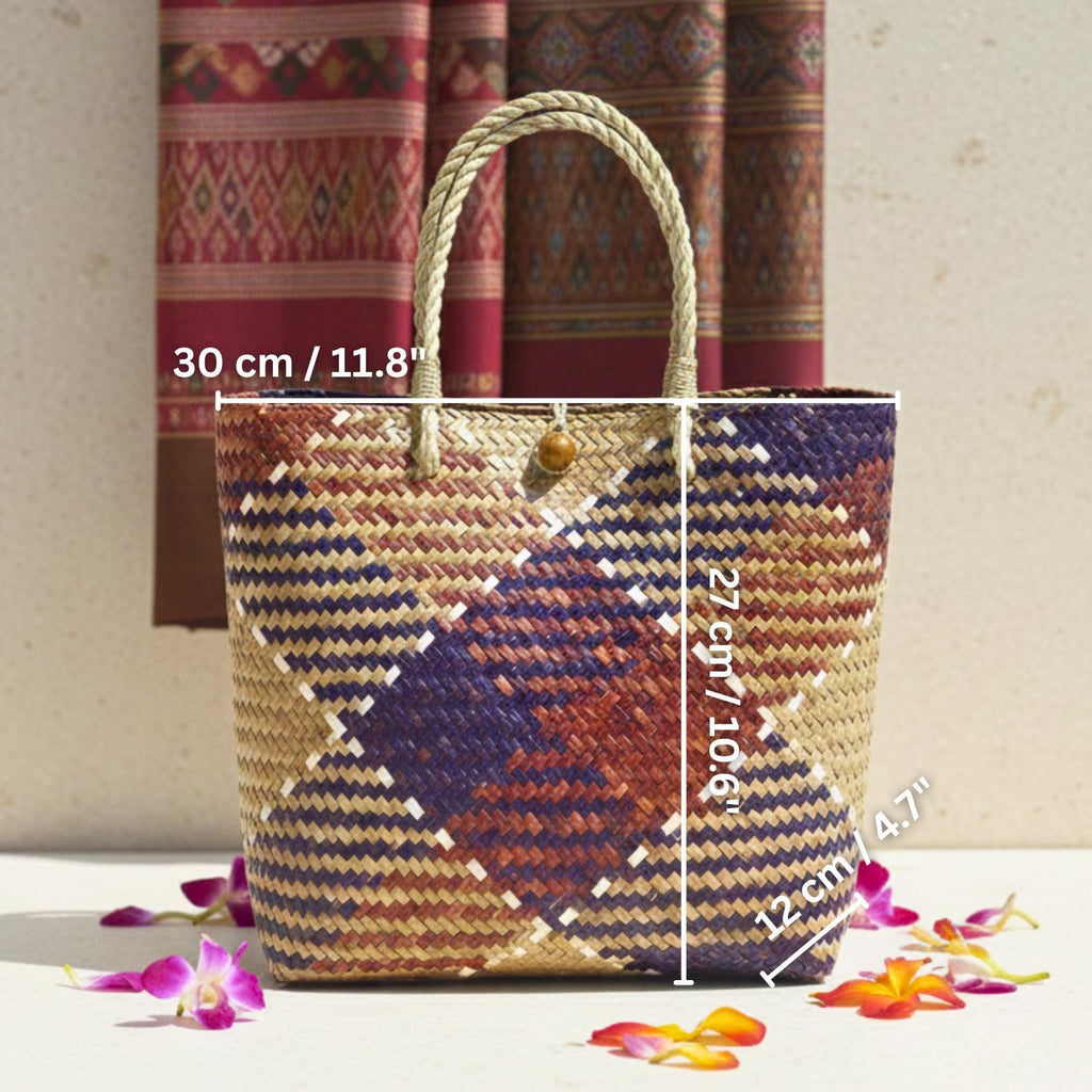 Hand Woven Rattan Market Tote: Earthy Diamond Pattern Boho Handbag