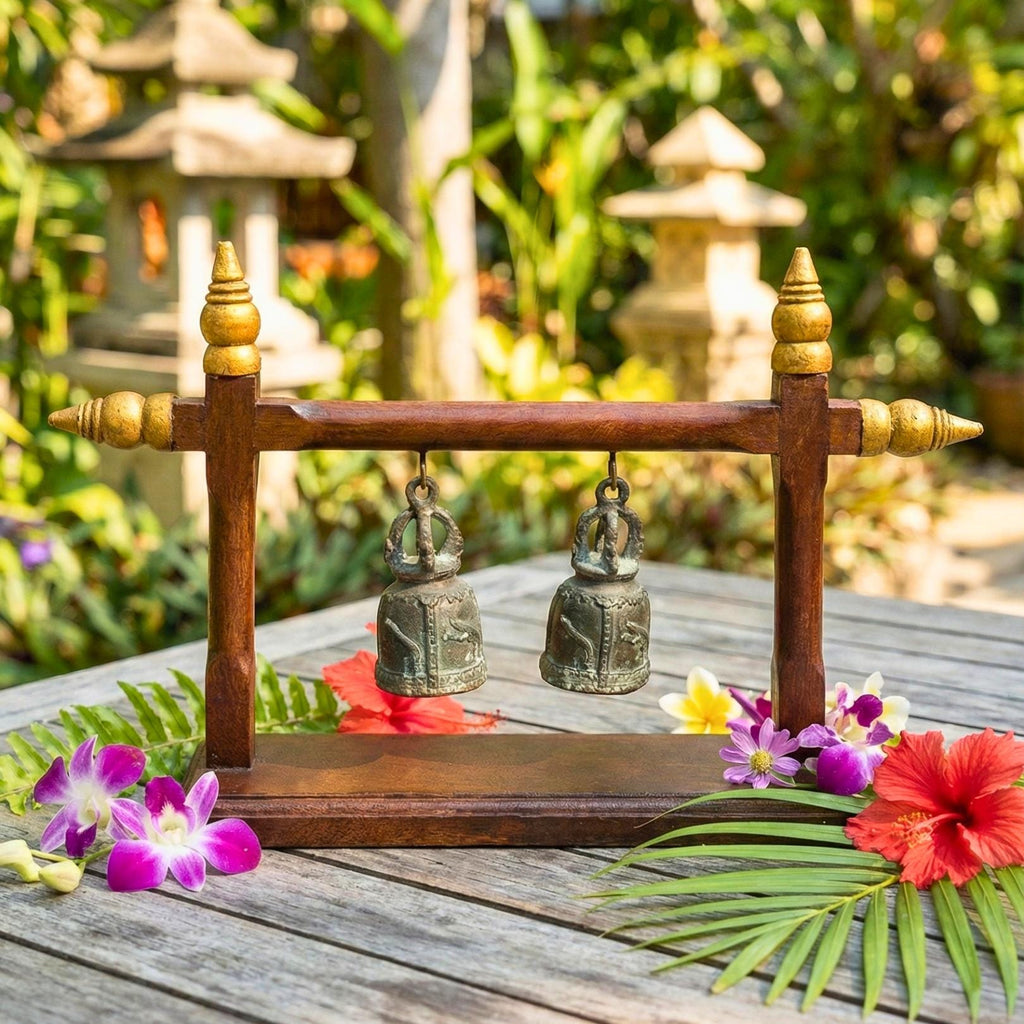 Hand Carved Teak Wood Double Bell Frame: Traditional Thai Temple Decor