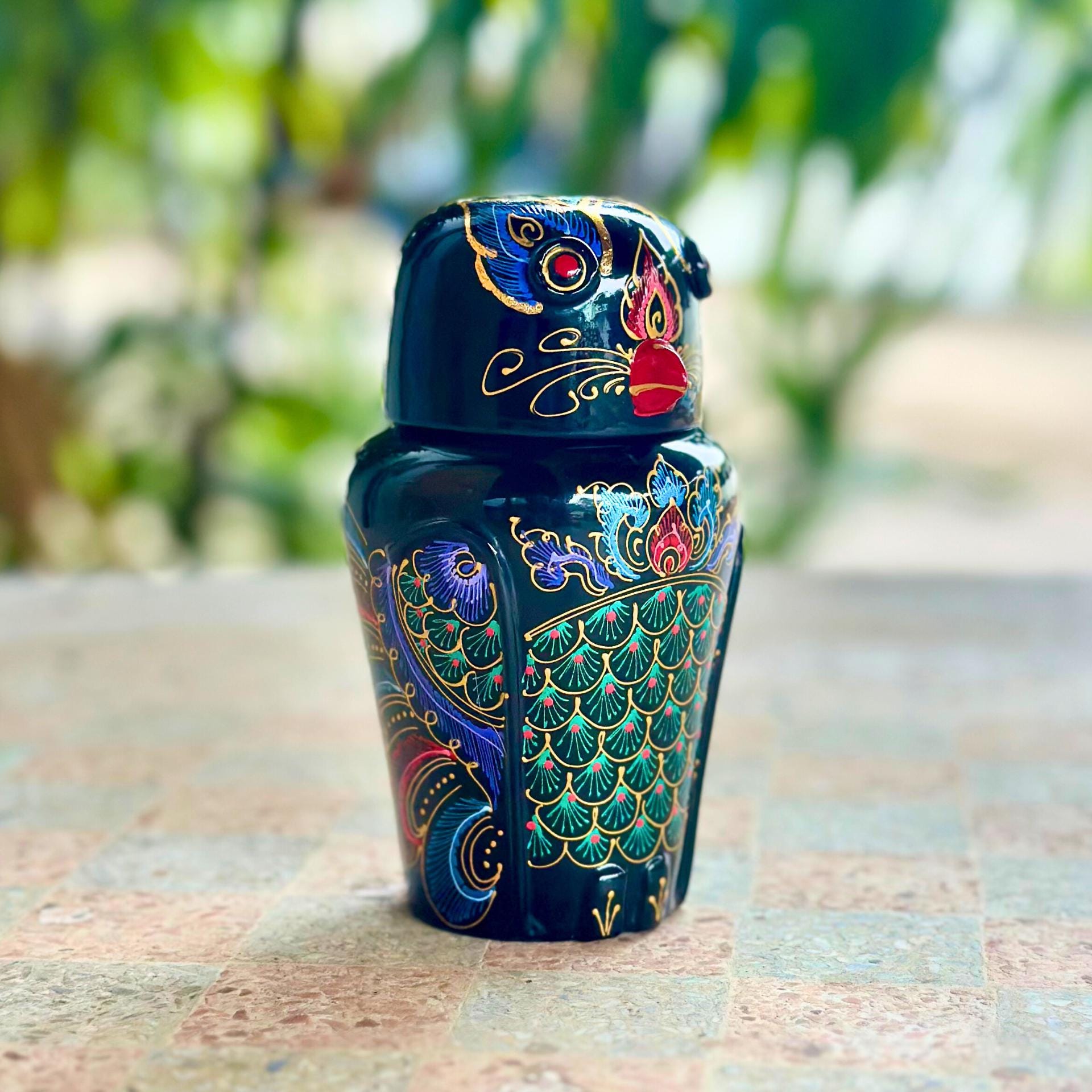 Hand-Painted Acacia Wood Owl Figurine: Black Lacquer Gold Accents